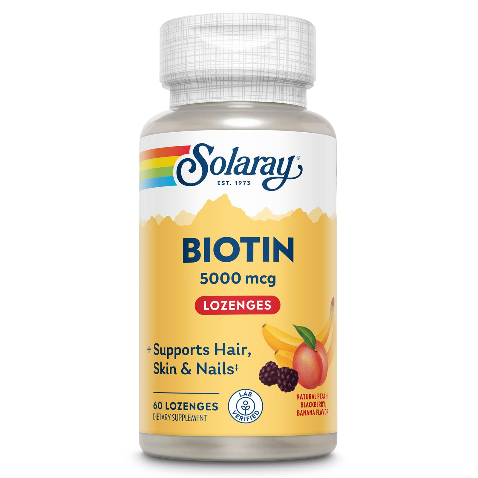 SOLARAY frente del envase Biotin 5000 mcg mostrando diseño y cantidad