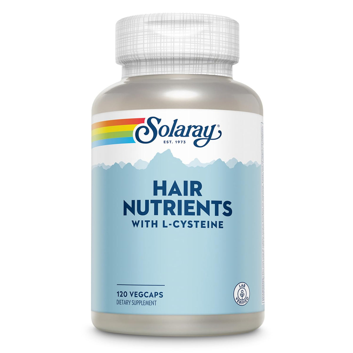 SOLARAY bote frontal Hair Nutrients mostrando etiqueta y beneficios