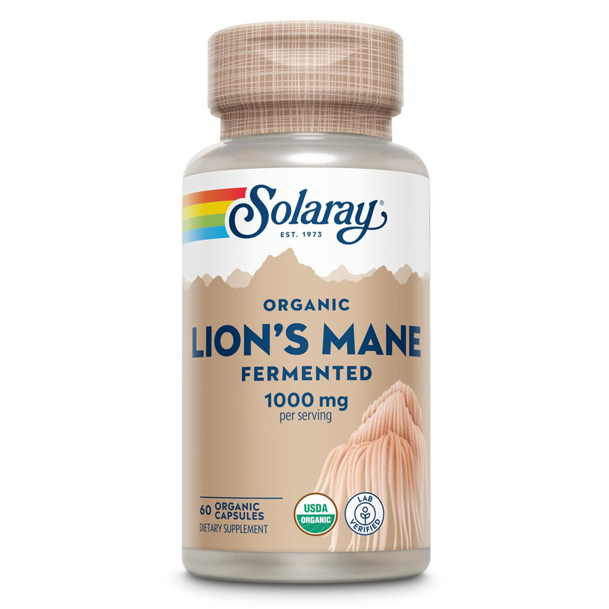 SOLARAY frente del envase Lions Mane mostrando 60 vegcaps y garantía 60 días