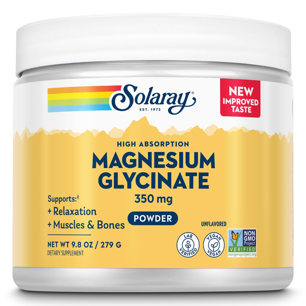 SOLARAY envase frontal mostrando magnesio glicinato y beneficios claros