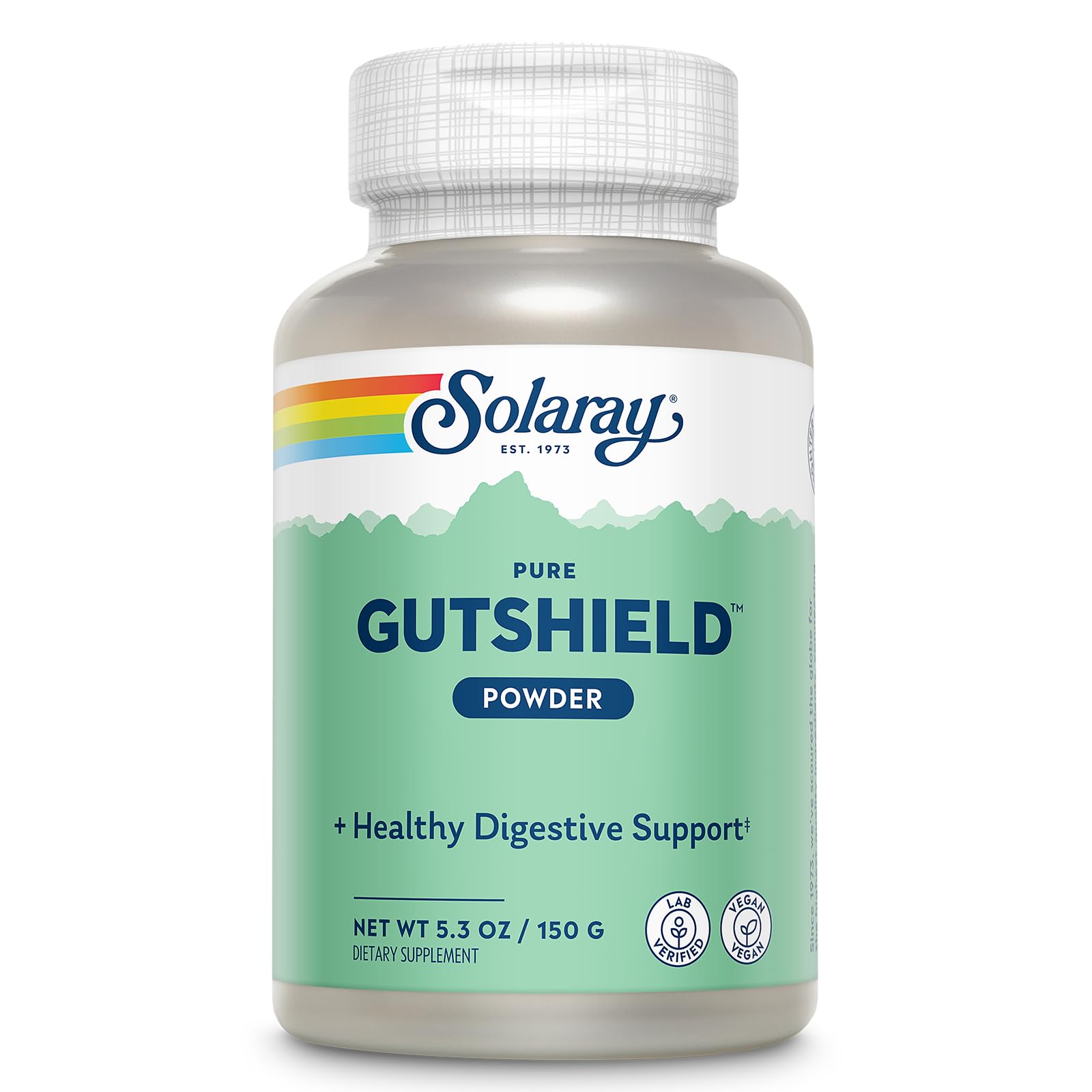 SOLARAY frasco Gutshield Powder frente mostrando etiqueta y volumen