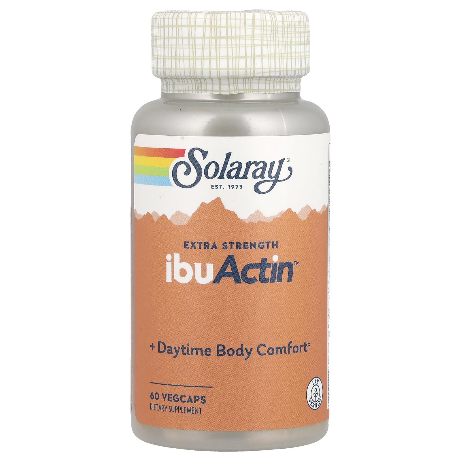 SOLARAY IbuActin frente del empaque muestra ingredientes y beneficios