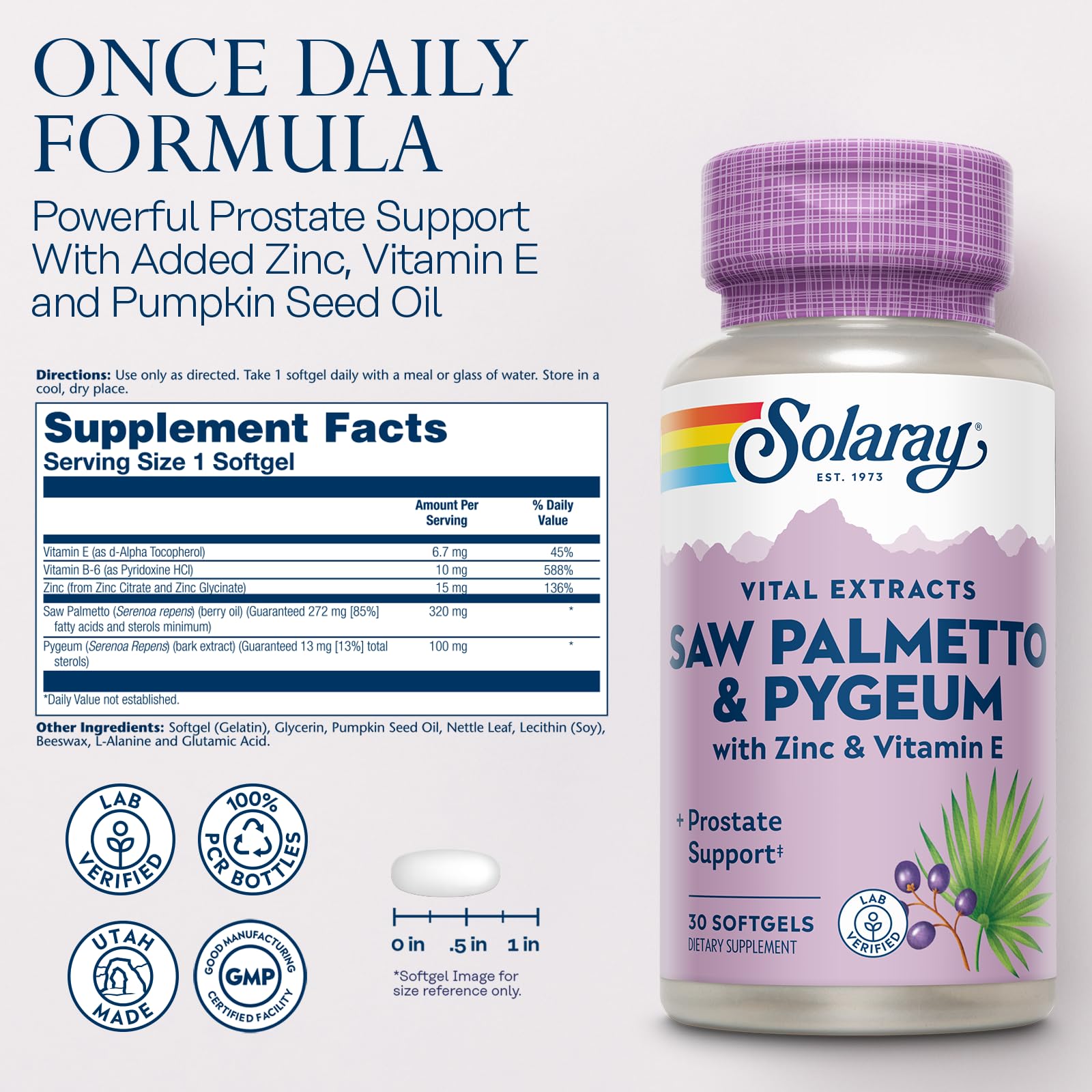 SOLARAY saw palmetto y pygeum como ingredientes naturales visibles y puros
