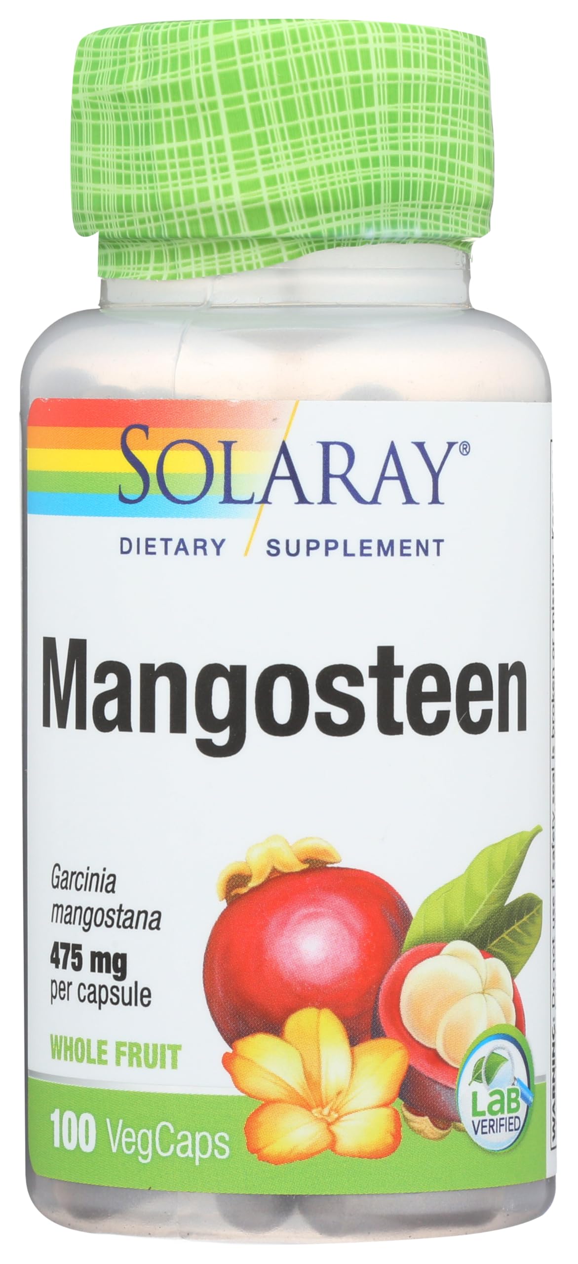 SOLARAY frasco frontal de Mangosteen 475mg mostrando etiqueta y beneficios