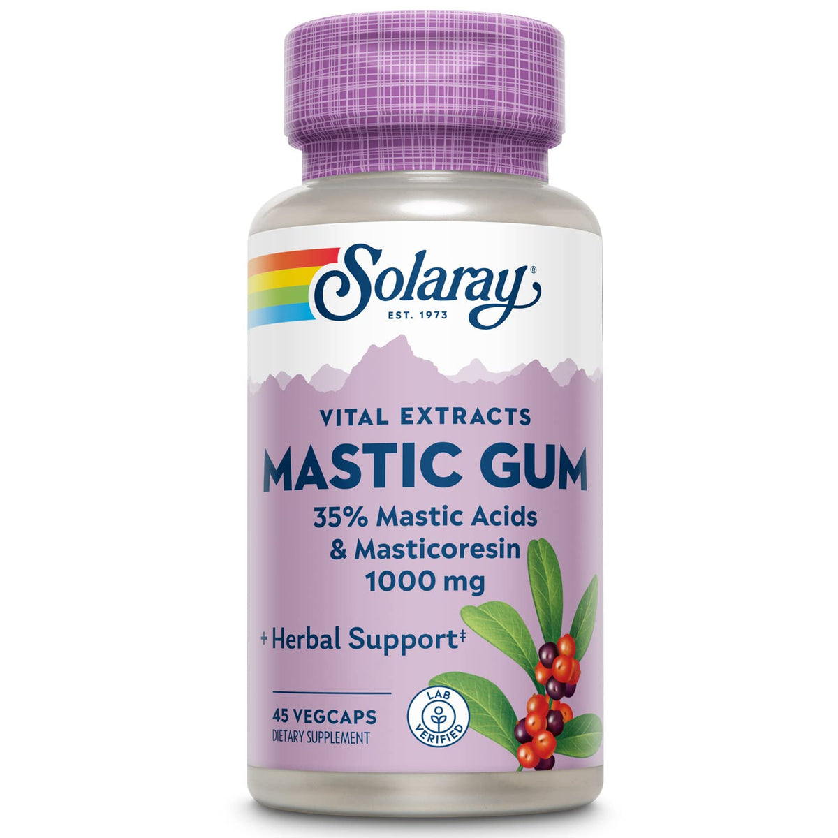 SOLARAY frasco de Mastic Gum Extract frontal mostrando etiqueta y beneficios