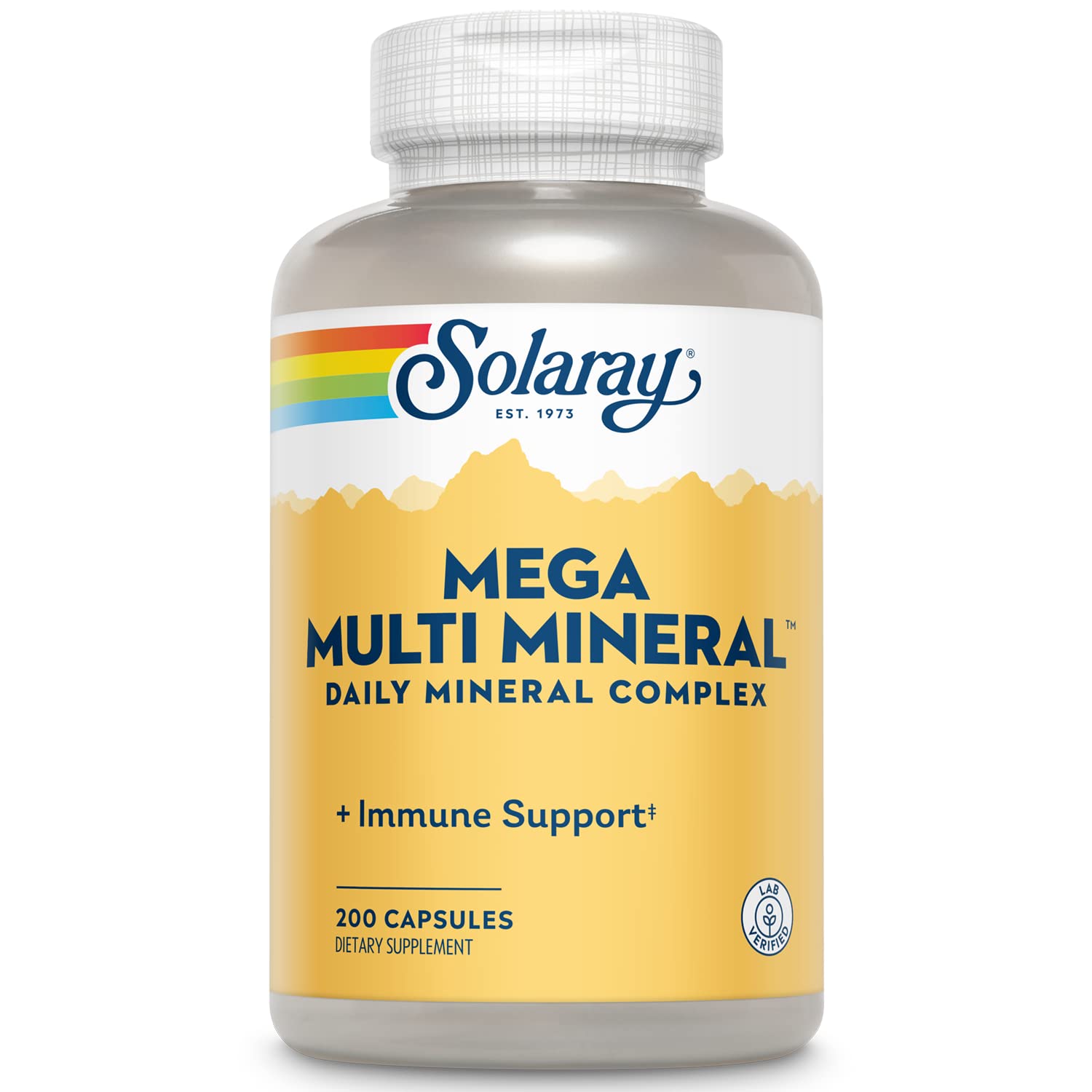 SOLARAY frasco frontal del Mega Multi Mineral con 200 cápsulas y etiqueta visible