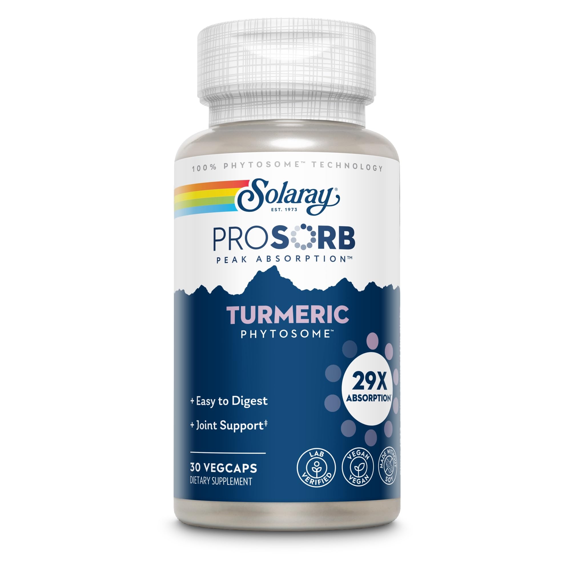 SOLARAY ProSorb Turmeric vista frontal mostrando envase y cápsulas beneficios de absorción