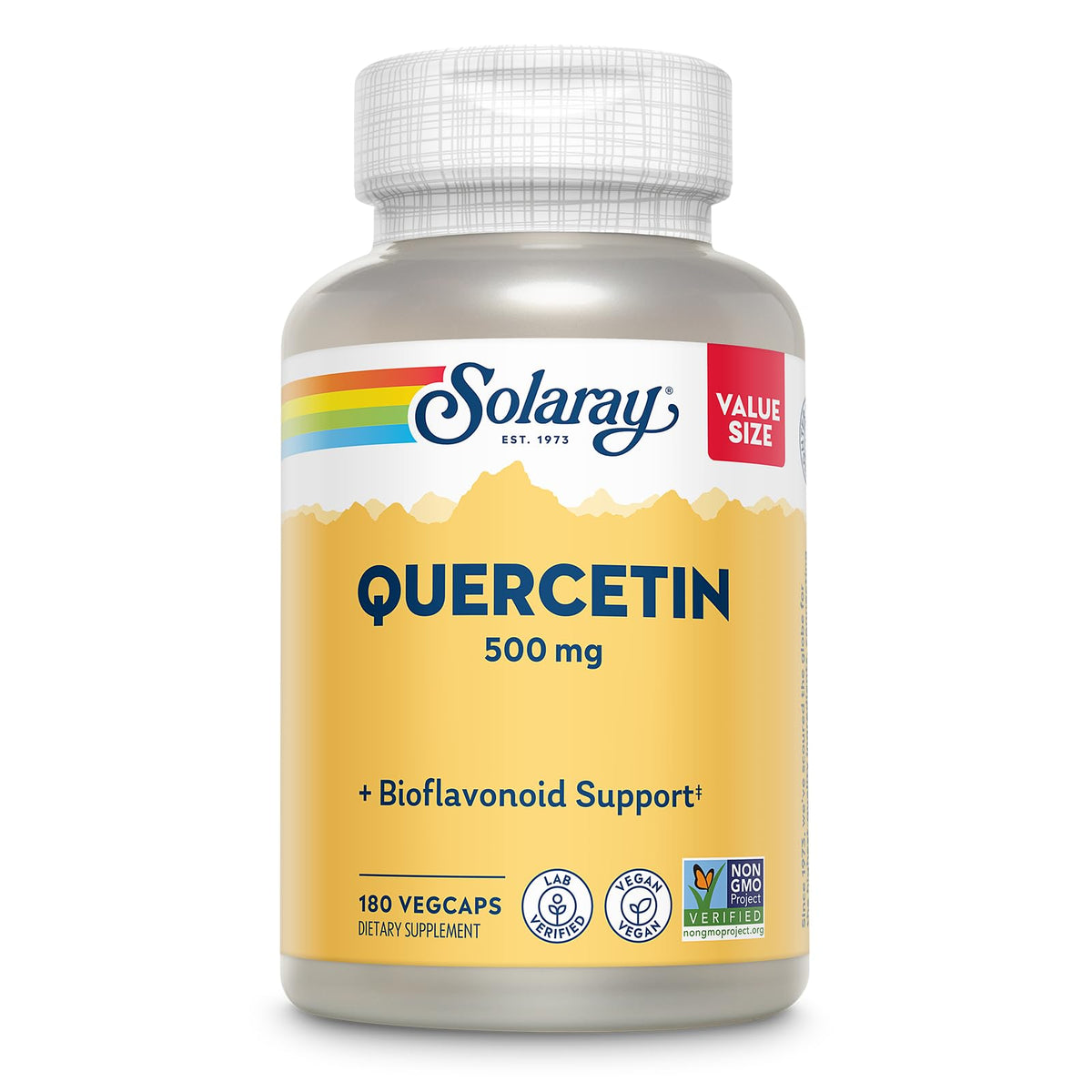 SOLARAY frasco frontal del suplemento quercetina 500 mg mostrando etiqueta clara