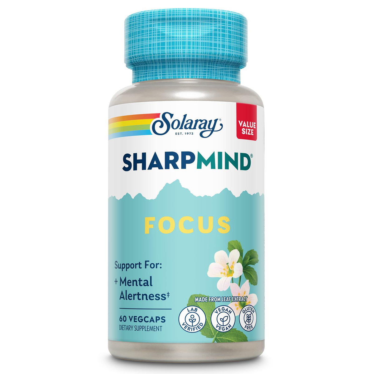 SOLARAY envase frontal mostrando SharpMind Focus y beneficio de claridad mental