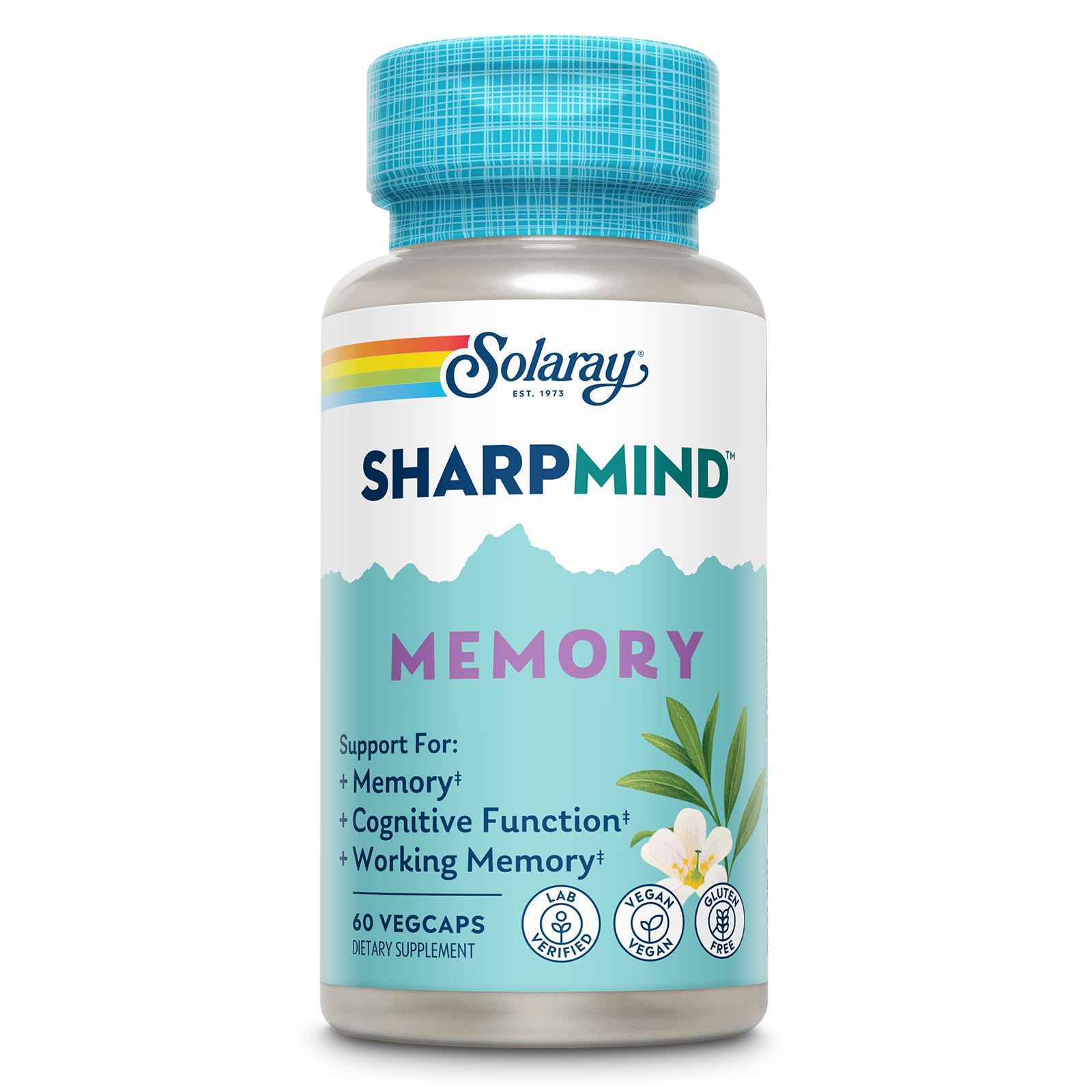 SOLARAY frasco frontal mostrando fórmula SharpMind y beneficio memoria clara