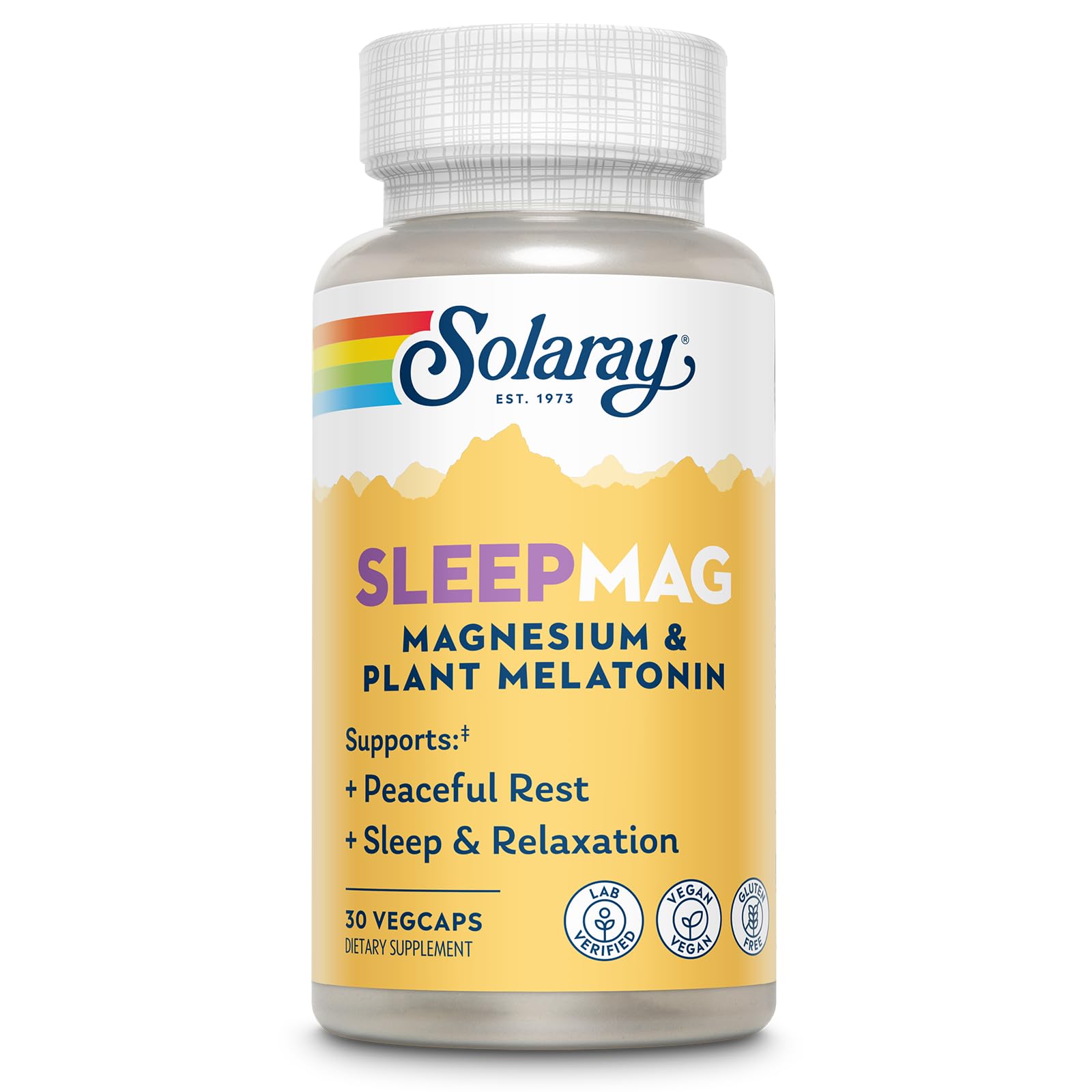 SOLARAY frasco SleepMag frontal mostrando etiqueta y beneficios