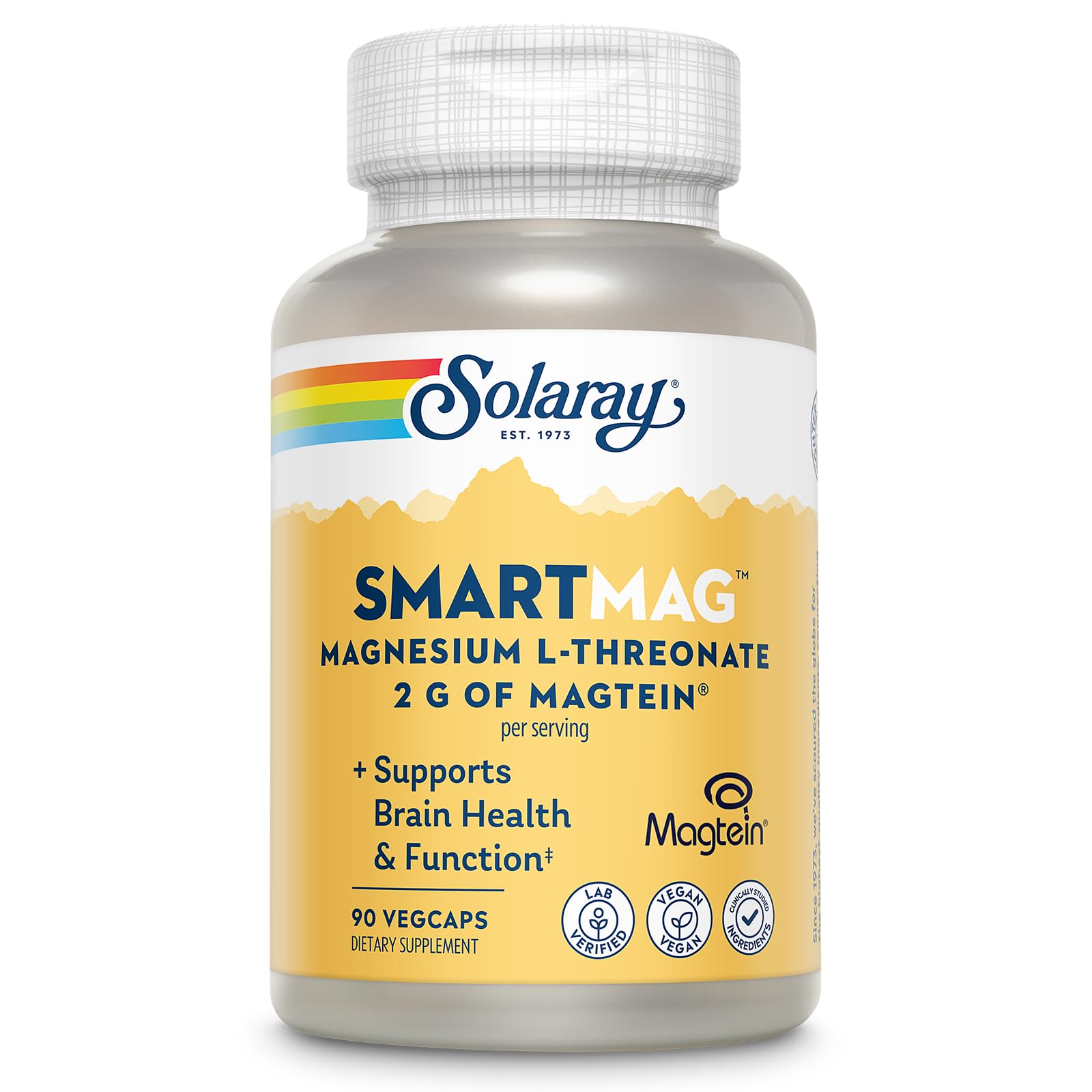 SOLARAY frasco frontal del SmartMag mostrando la etiqueta y beneficio cerebral