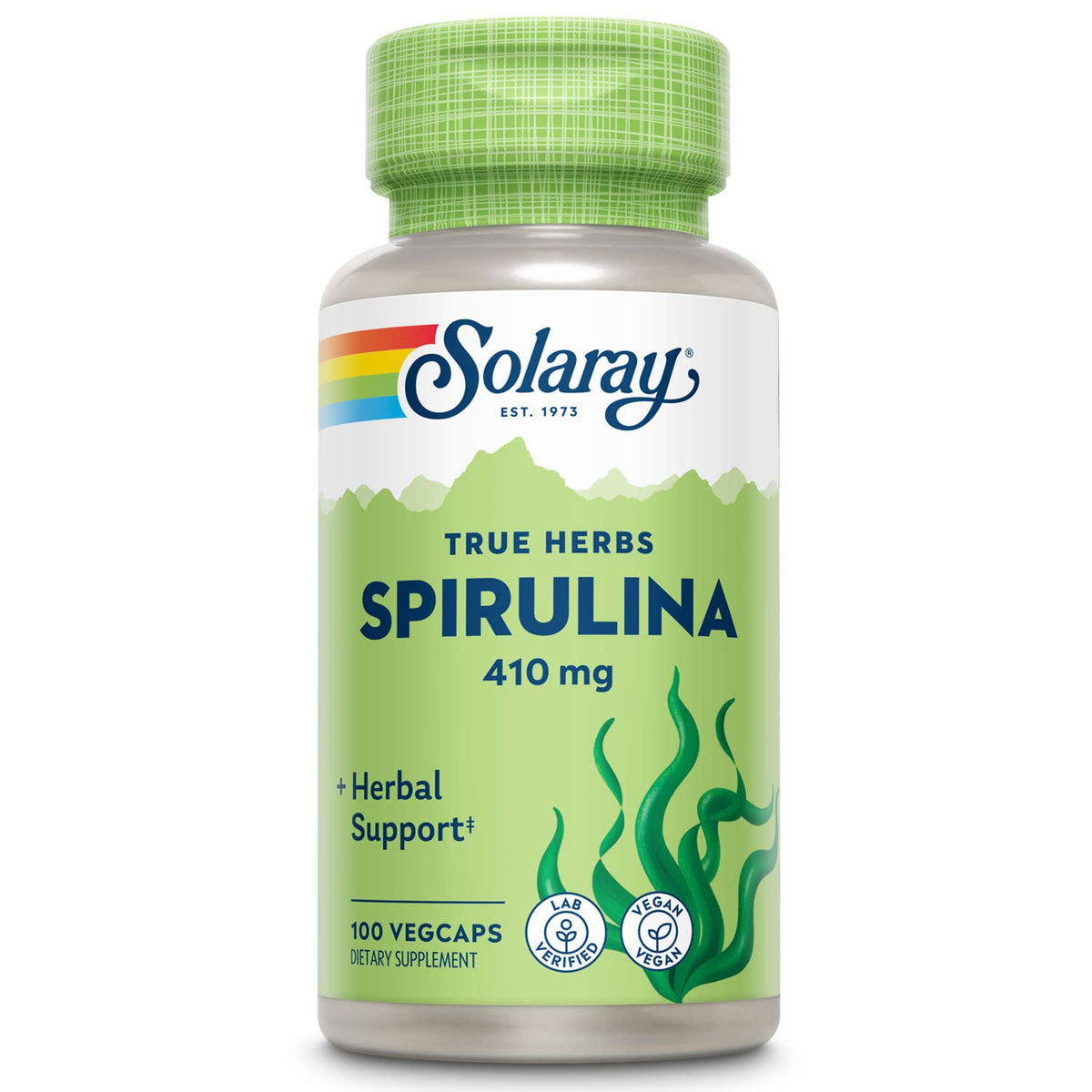 SOLARAY envase frontal de spirulina mostrando diseño y cantidad
