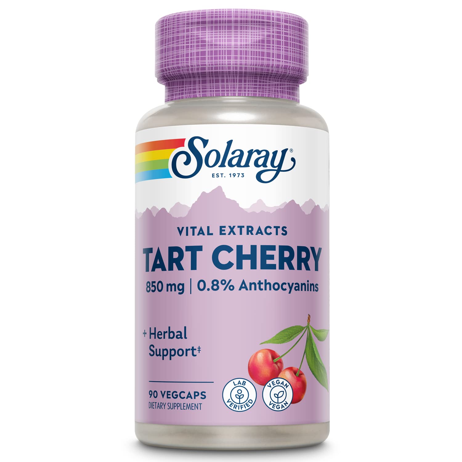 Solaray botella frontal mostrando tart cherry 850 mg, fácil identificación