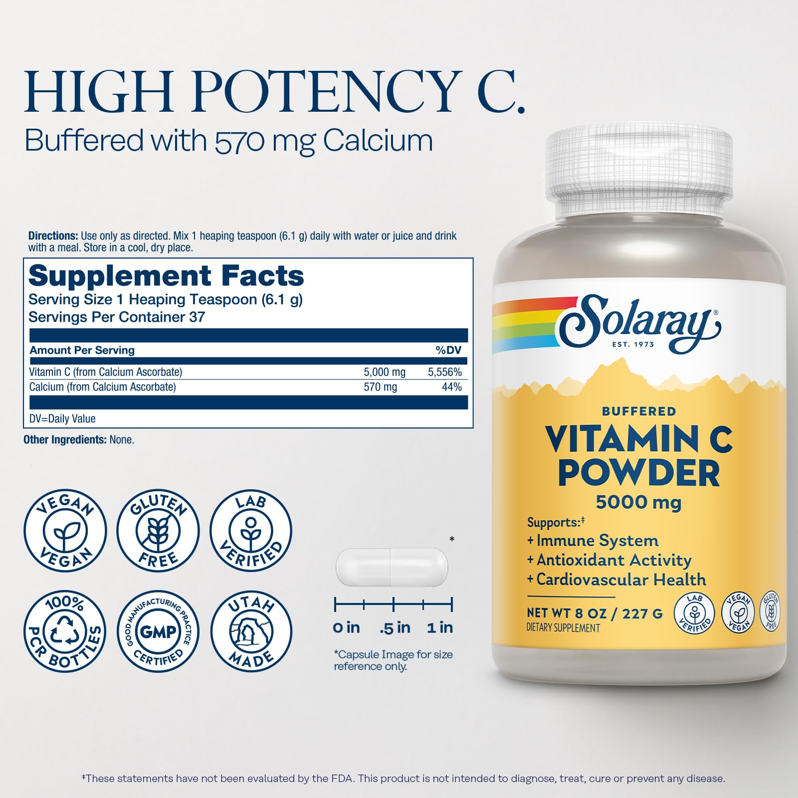 Solaray primer plano del polvo de vitamina C, textura fina y pura