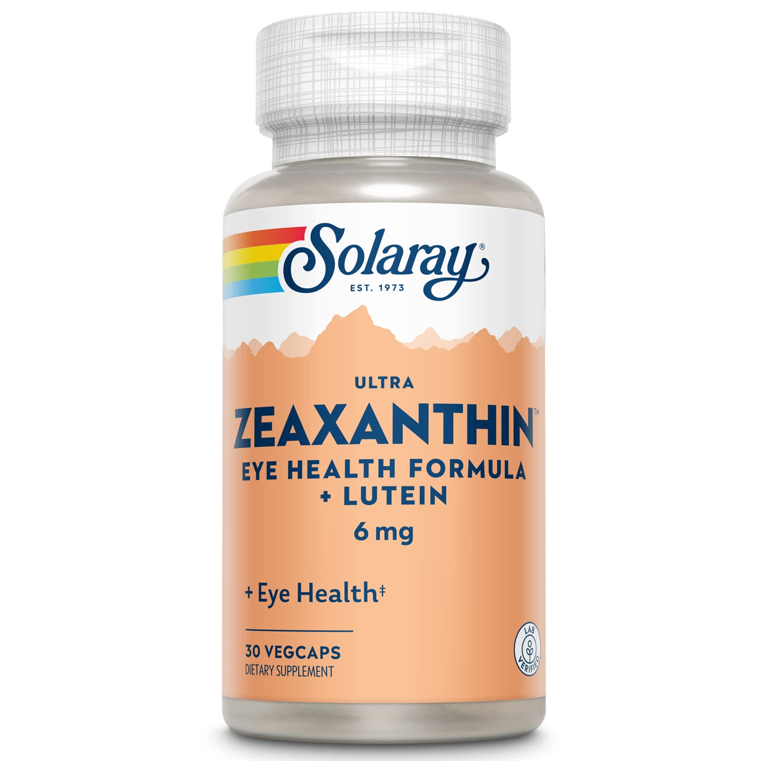 SOLARAY frasco frontal de Ultra Zeaxanthin mostrando diseño y 30 veg caps, fácil uso diario