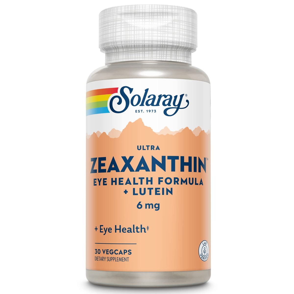 SOLARAY frasco frontal de Ultra Zeaxanthin mostrando diseño y 30 veg caps, fácil uso diario