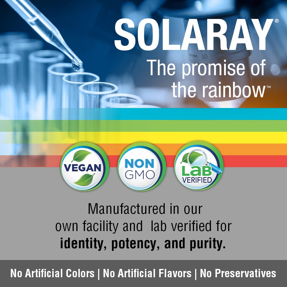 SOLARAY frasco junto a vaso de agua para ilustrar toma diaria con comidas