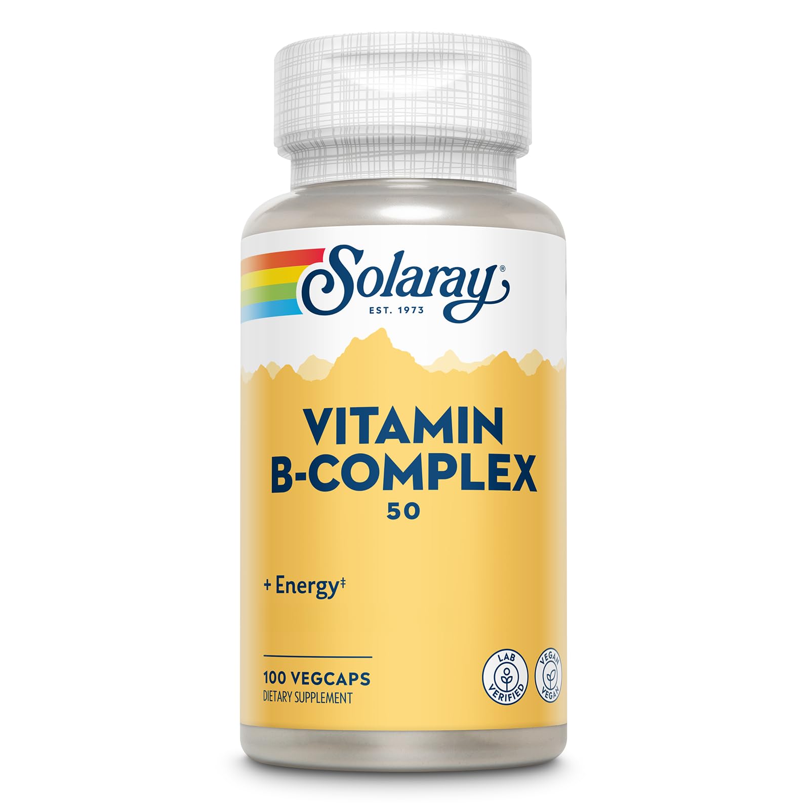SOLARAY botella frontal del complejo B 50 mg, envase reciclado y vegano