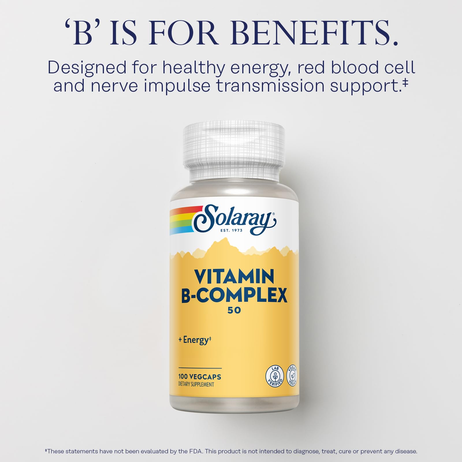 SOLARAY imagen de polvo y tabla de nutrientes que destaca las vitaminas B clave