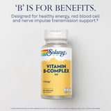 SOLARAY imagen de polvo y tabla de nutrientes que destaca las vitaminas B clave