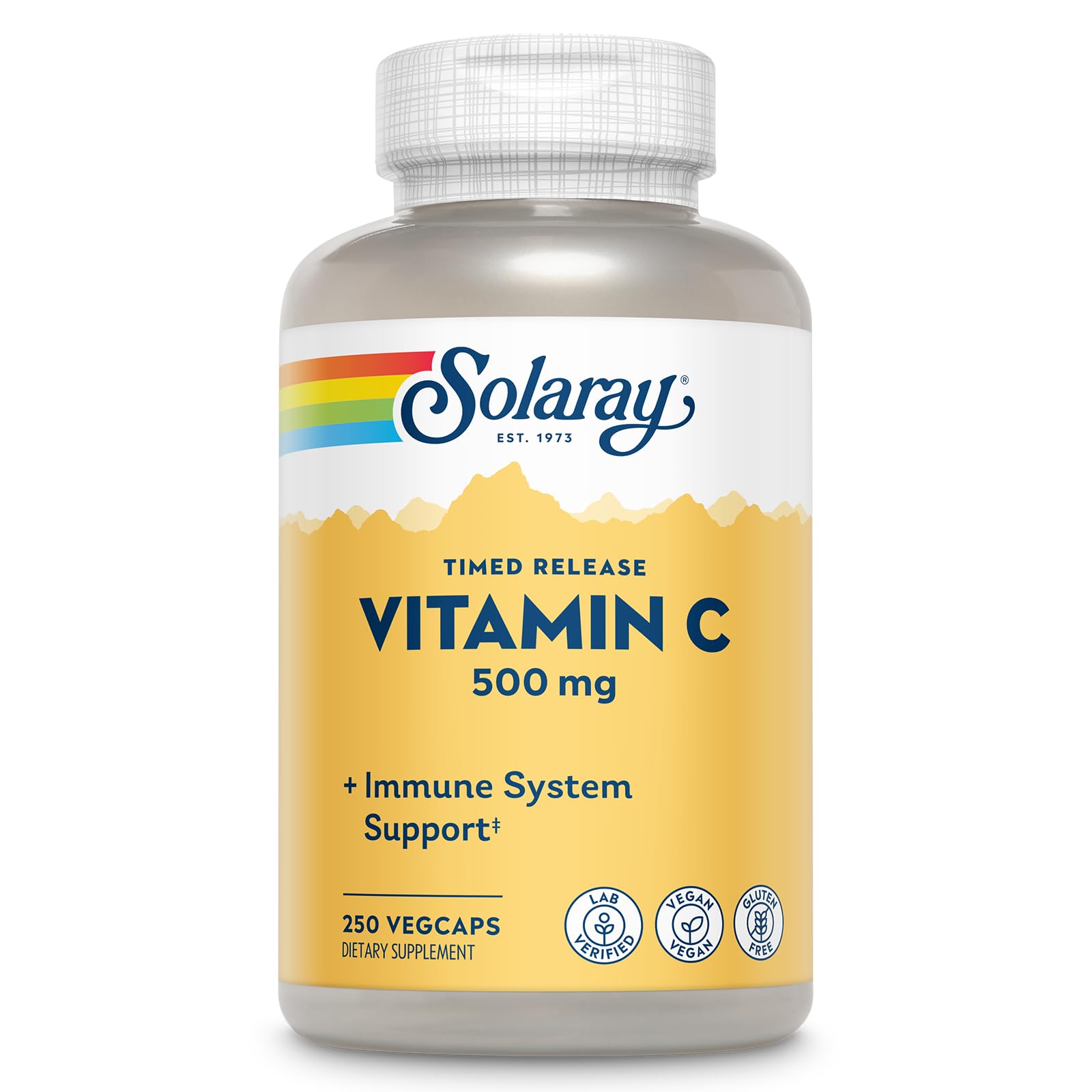 SOLARAY frasco frontal mostrando 250 vegcaps para suministro prolongado