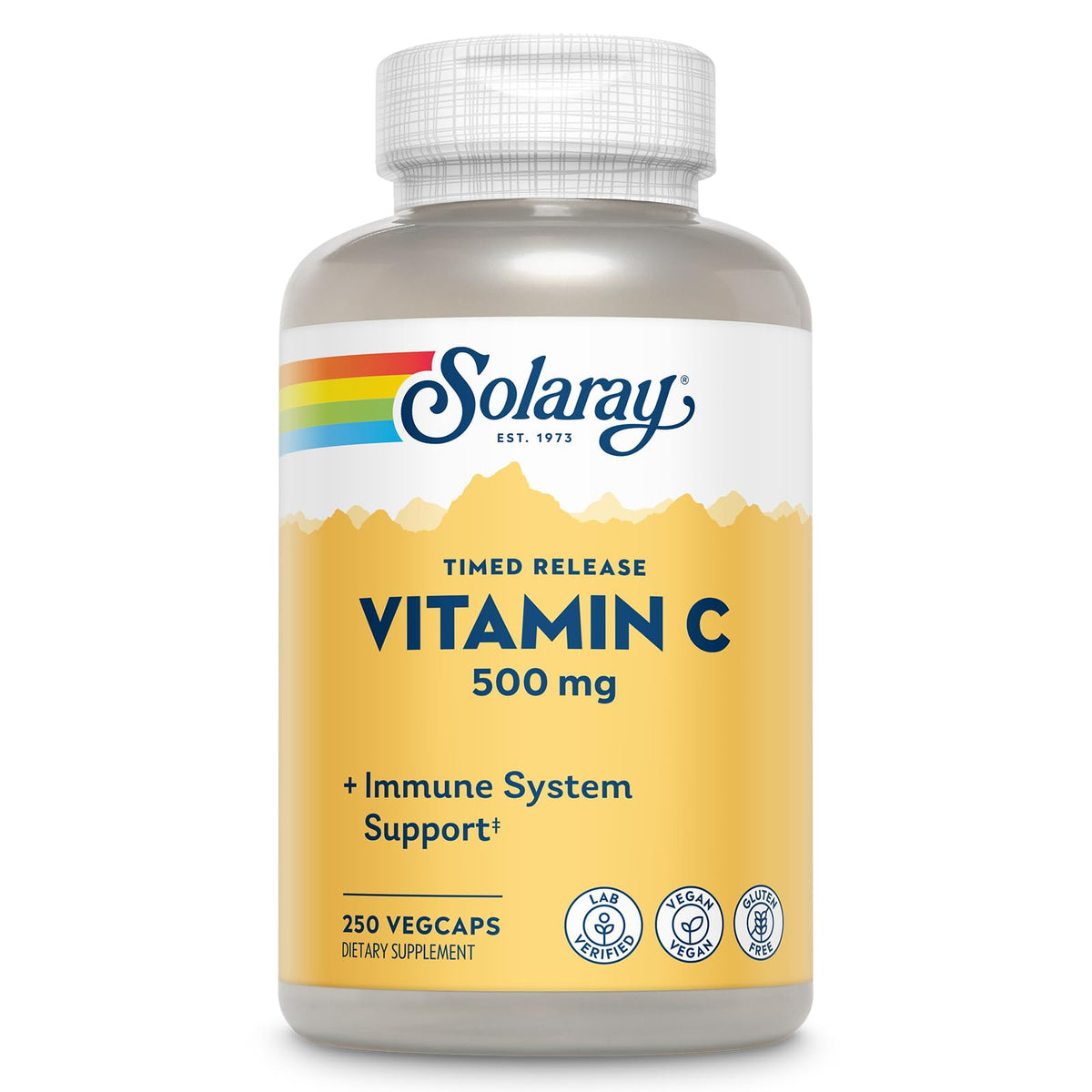 SOLARAY frasco frontal mostrando 250 vegcaps para suministro prolongado