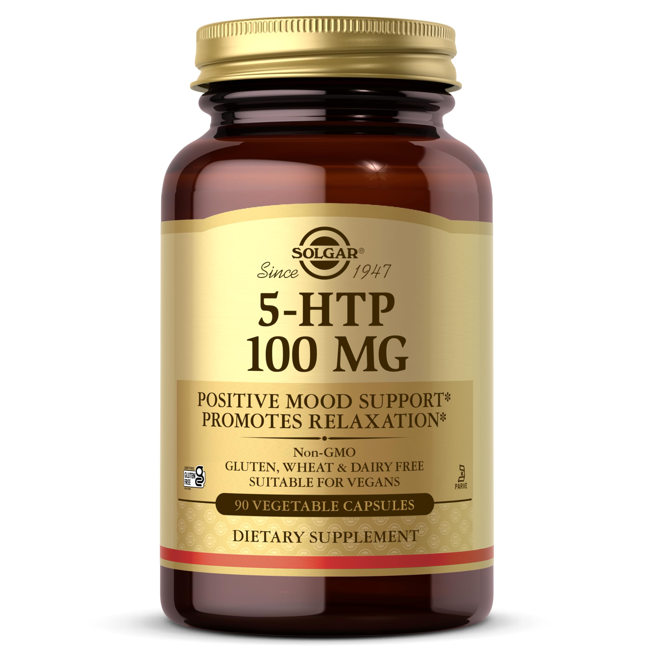 Solgar 5-HTP frontal mostrando etiqueta clara y beneficios