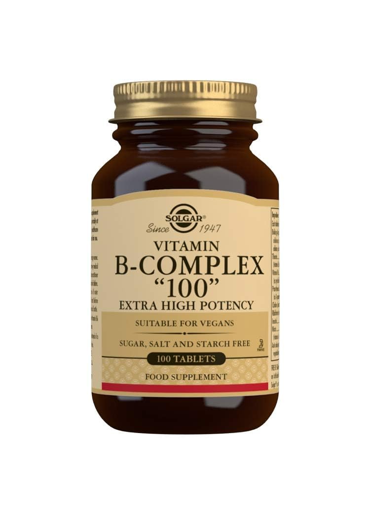 Solgar frasco frontal mostrando B-Complex 100 y beneficio de suministro prolongado