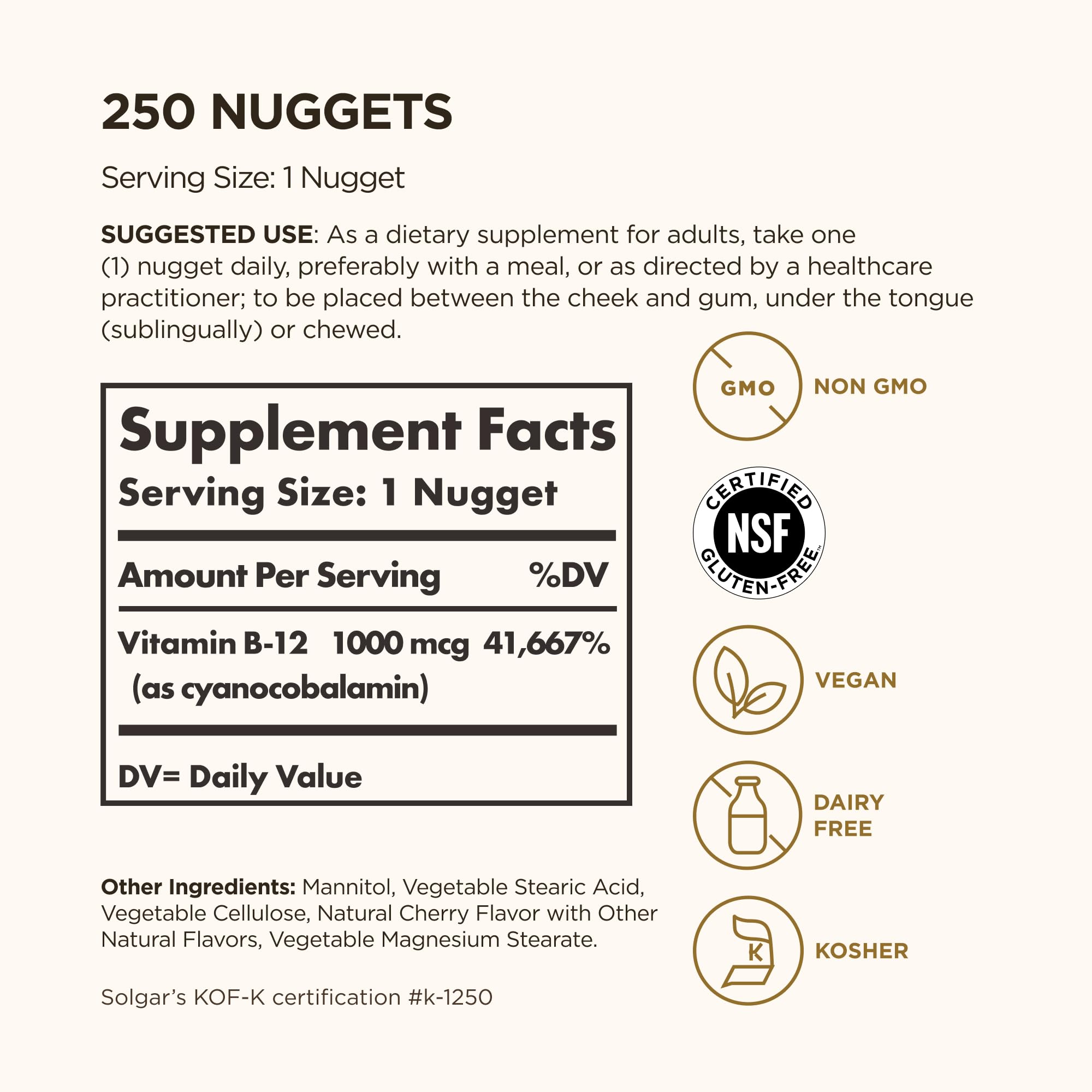 Solgar primer plano de textura del nugget sublingual, fácil disolución y comodidad