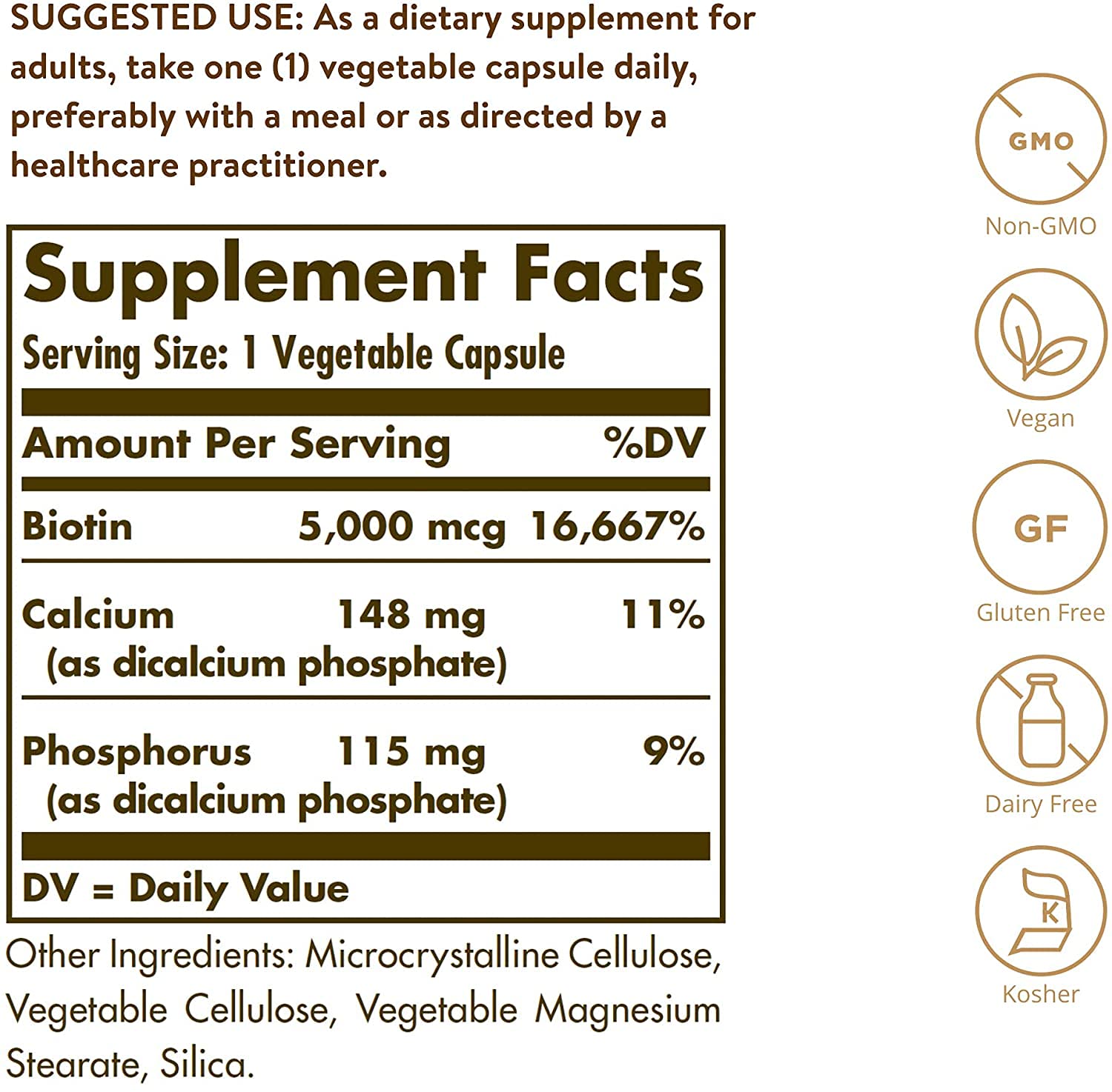 Solgar biotin cápsula en primer plano para visualizar forma y tamaño