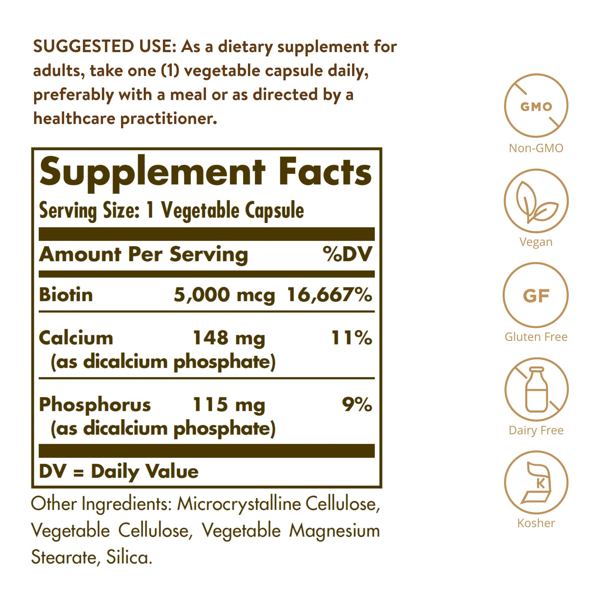 Solgar biotin 5000 cápsula vegetal en primer plano para fácil ingesta diaria