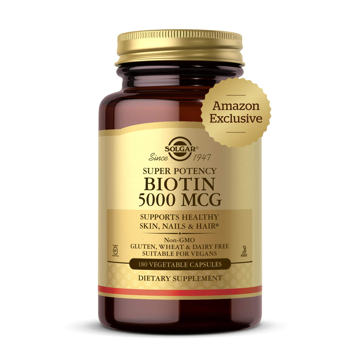 Solgar biotin envase frontal mostrando 180 cápsulas y información clara
