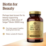 Solgar biotin 5000 textura de cápsula en mano que ilustra calidad y practicidad