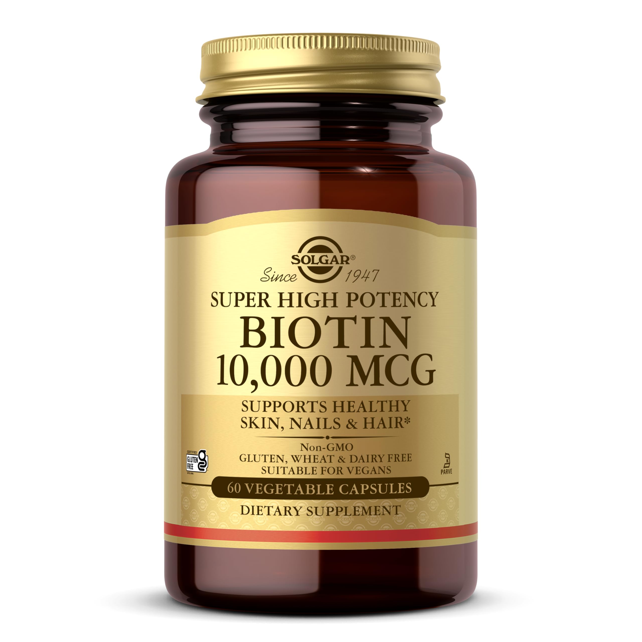 Solgar biotin frente del envase mostrando diseño y dosis, confianza de marca