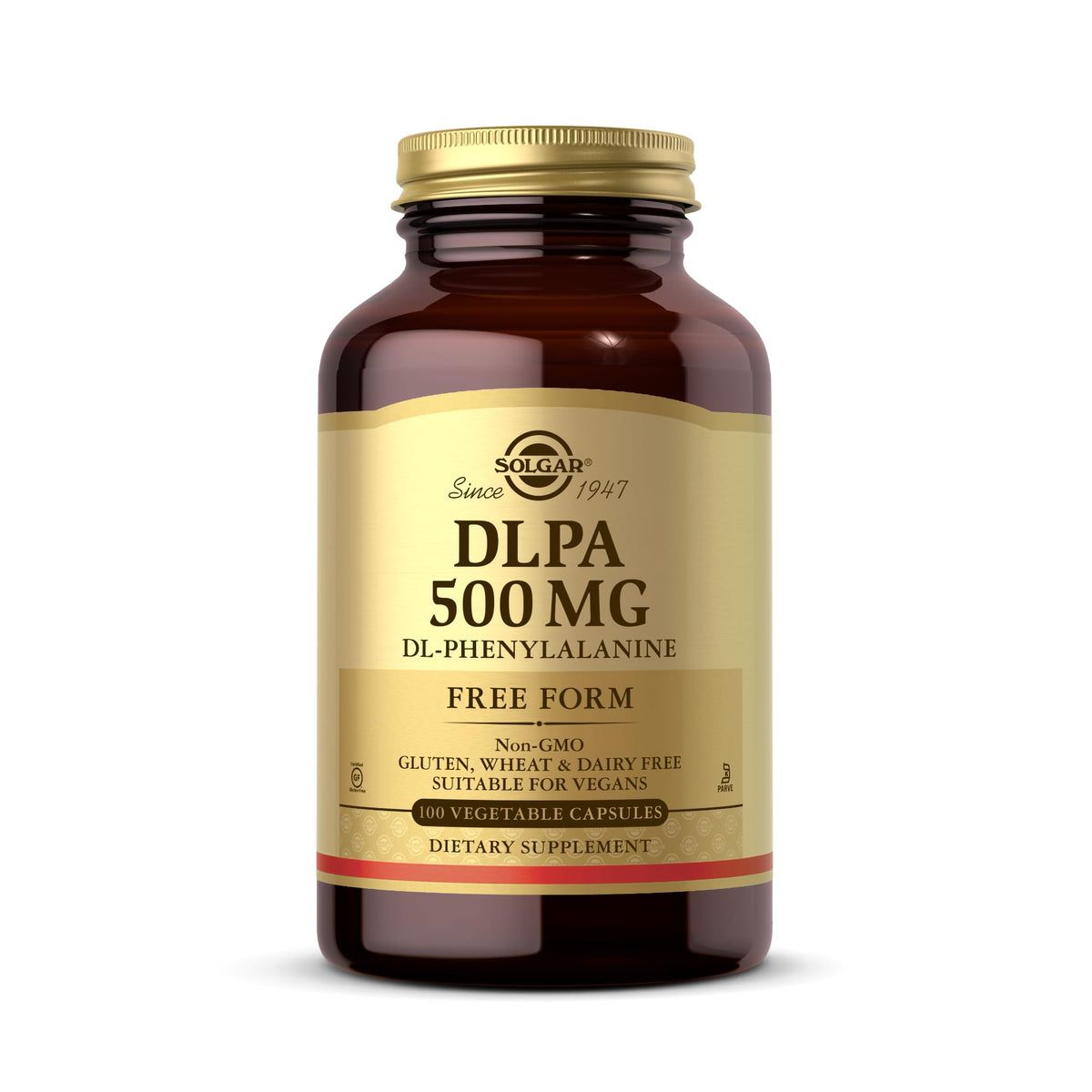Solgar envase DLPA 500 mg frente mostrando marca y cantidad, confianza de calidad