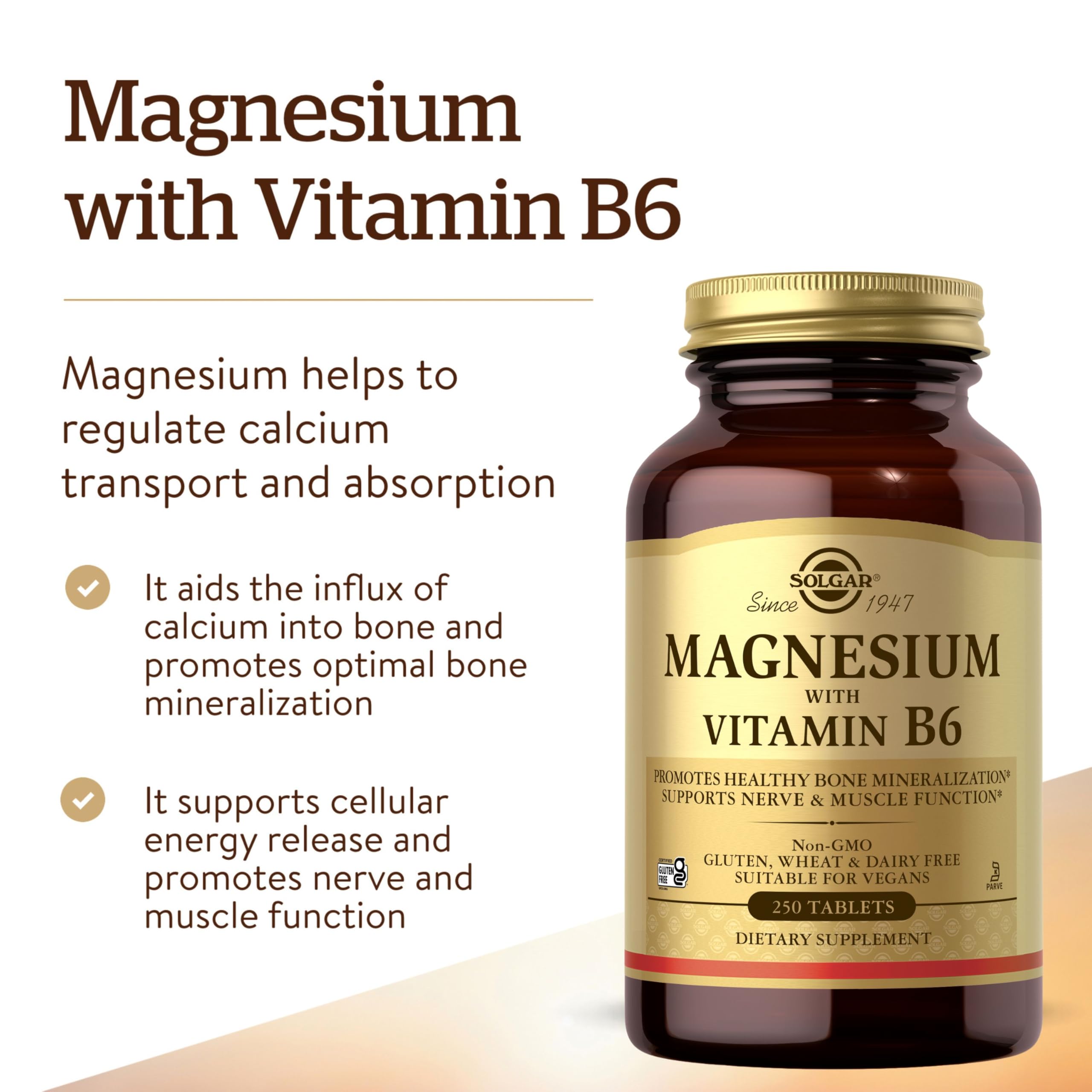Solgar etiqueta nutricional detallada mostrando magnesio y vitamina B6 por dosis