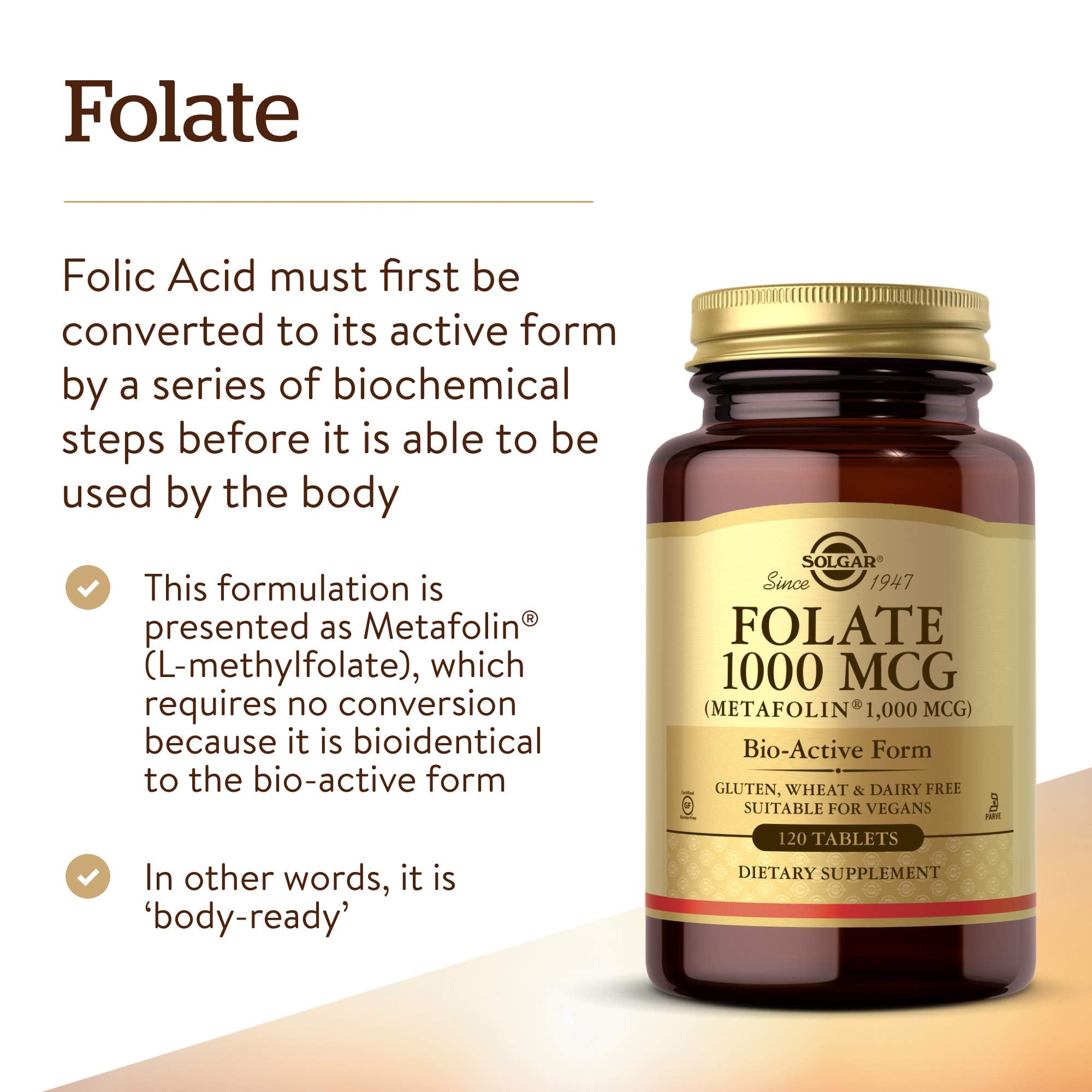 Solgar Folate tableta junto a una moneda para comparar tamaño práctico