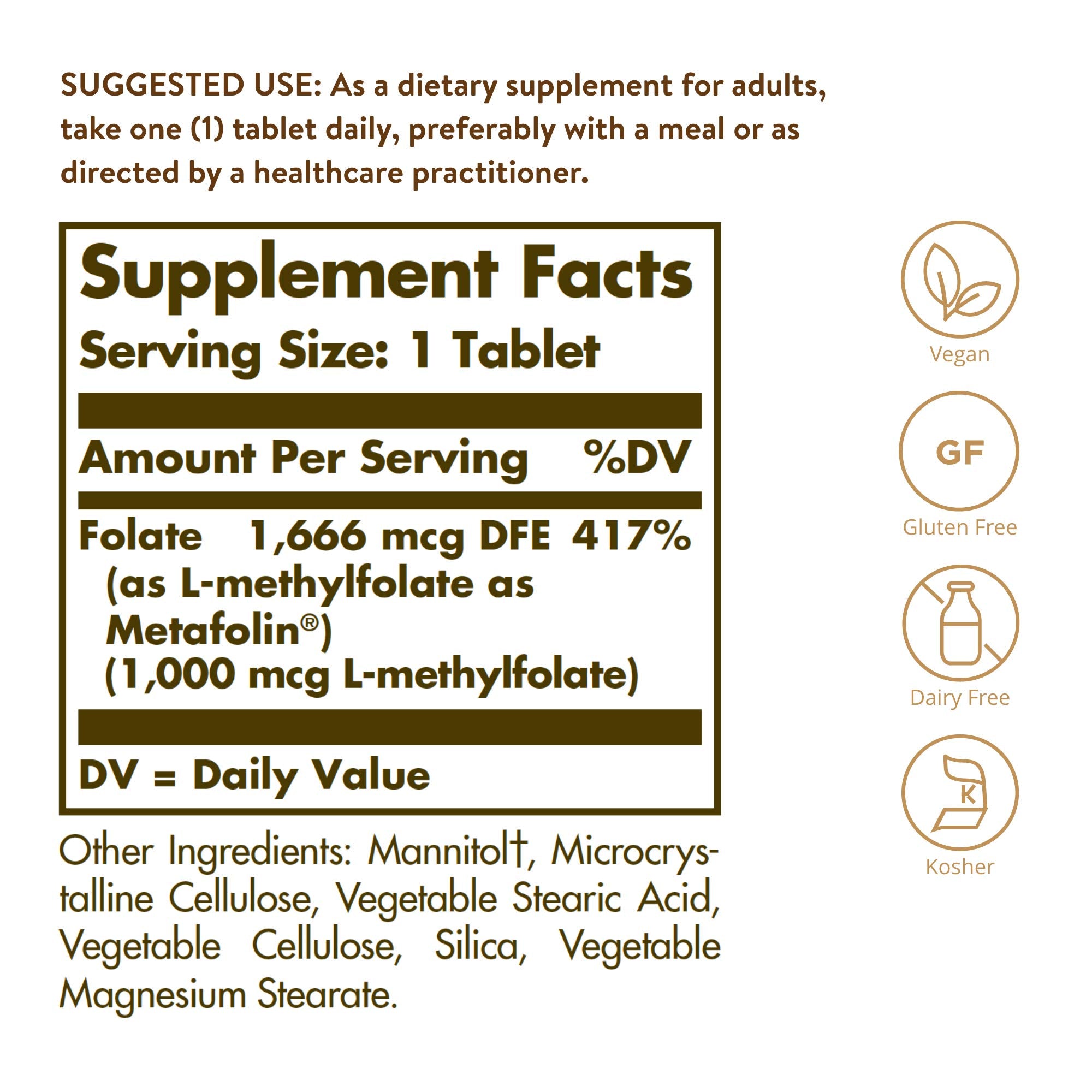Solgar Folate primer plano de tabletas que muestra textura y pureza