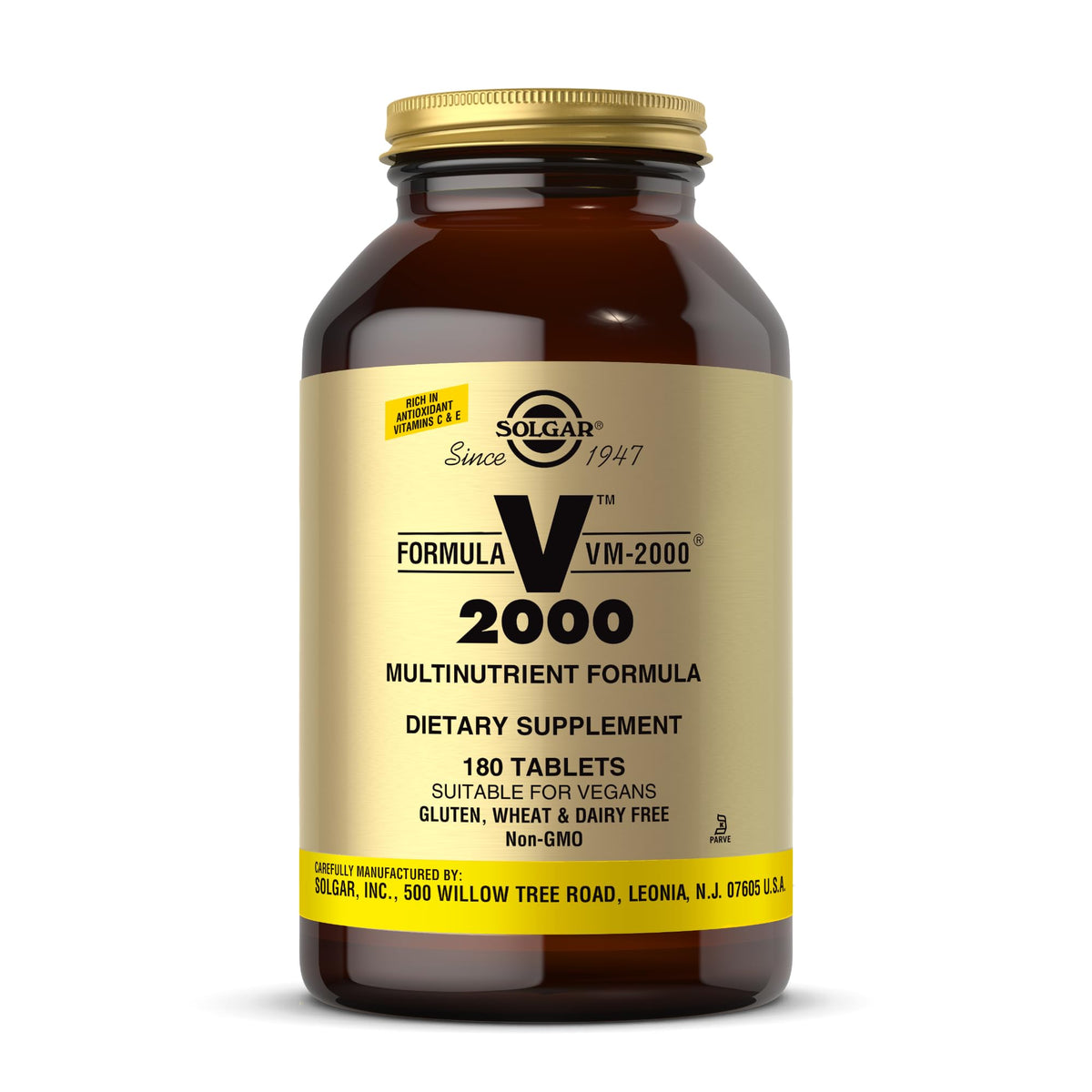 Solgar paquete frontal mostrando 180 tabletas, comodidad y durabilidad
