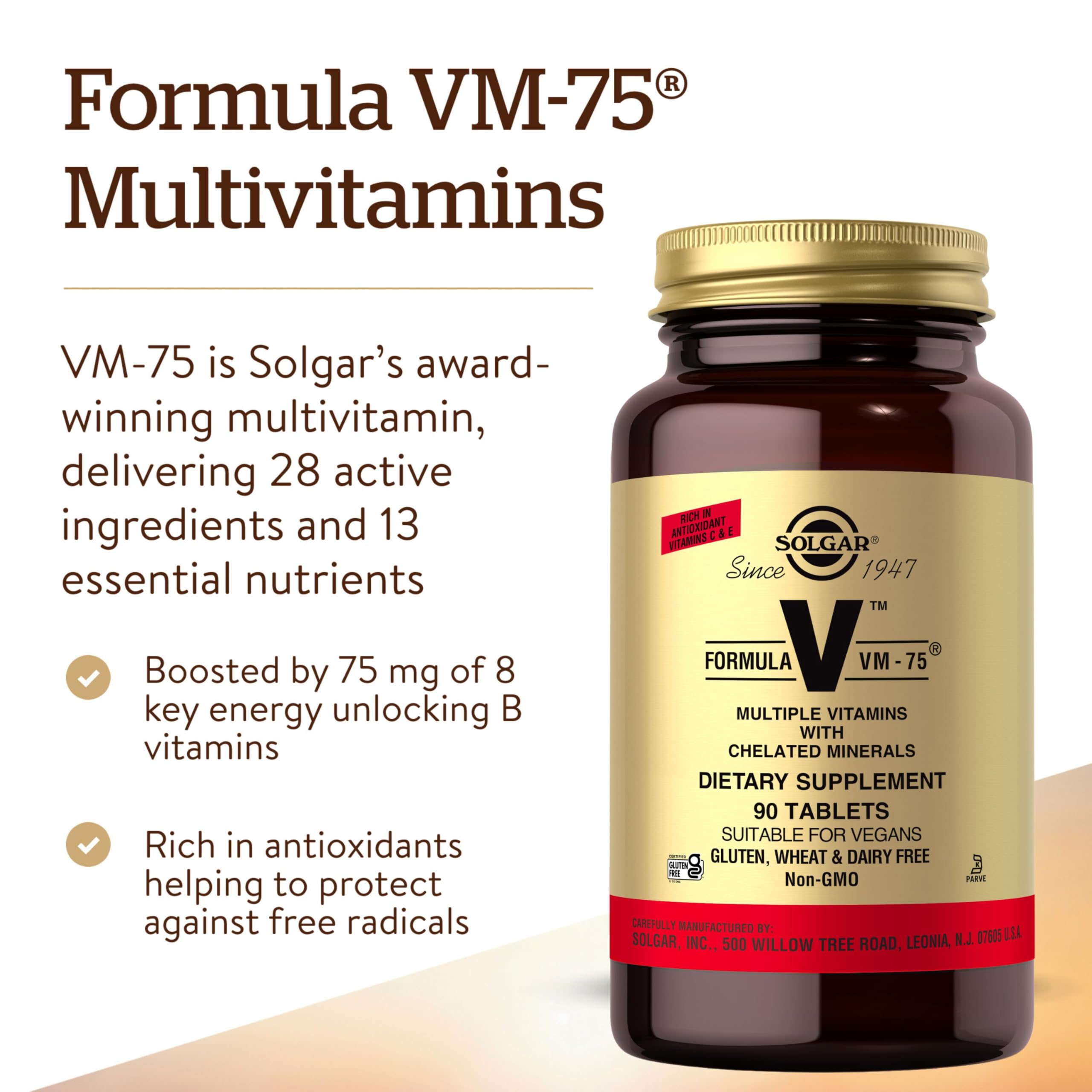 Solgar Formula VM-75 etiqueta con lista de vitaminas y minerales para información clara