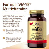 Solgar Formula VM-75 etiqueta con lista de vitaminas y minerales para información clara