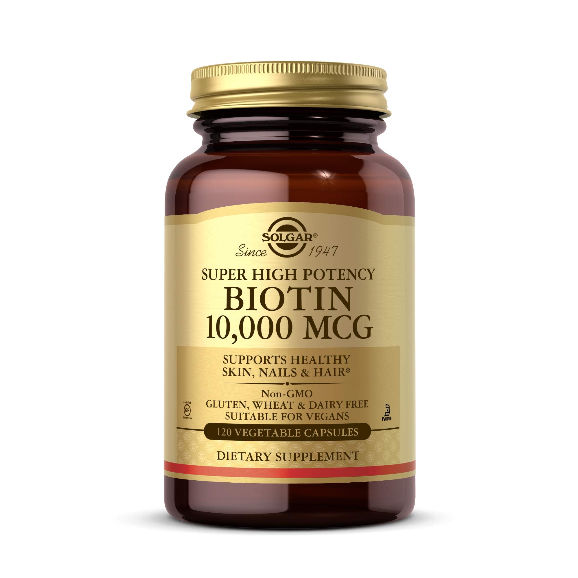 Solgar envase frontal de Biotin 10,000 mcg mostrando etiqueta y potencia