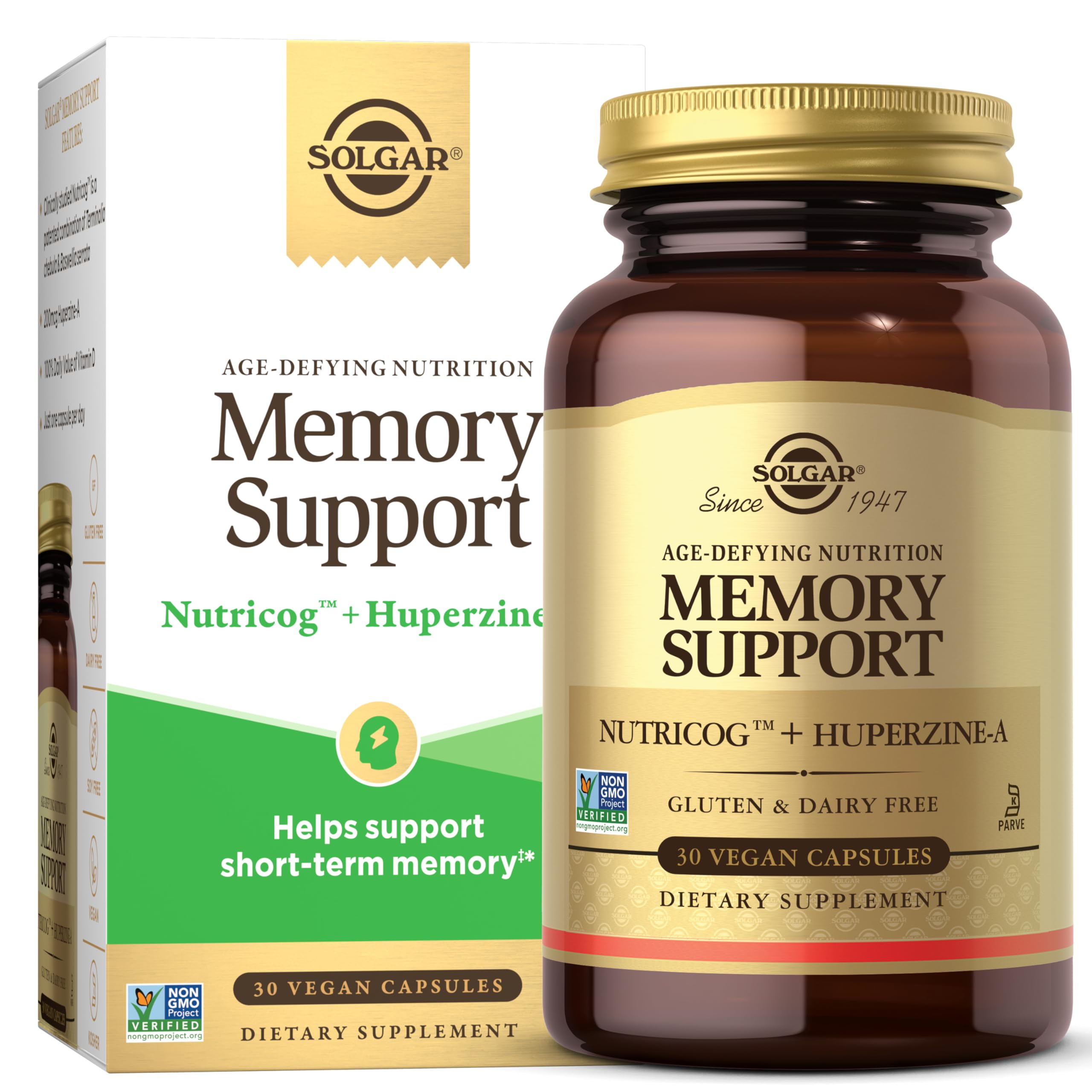 Solgar envase frontal Memory Support mostrando sellos y dosis — apoyo diario