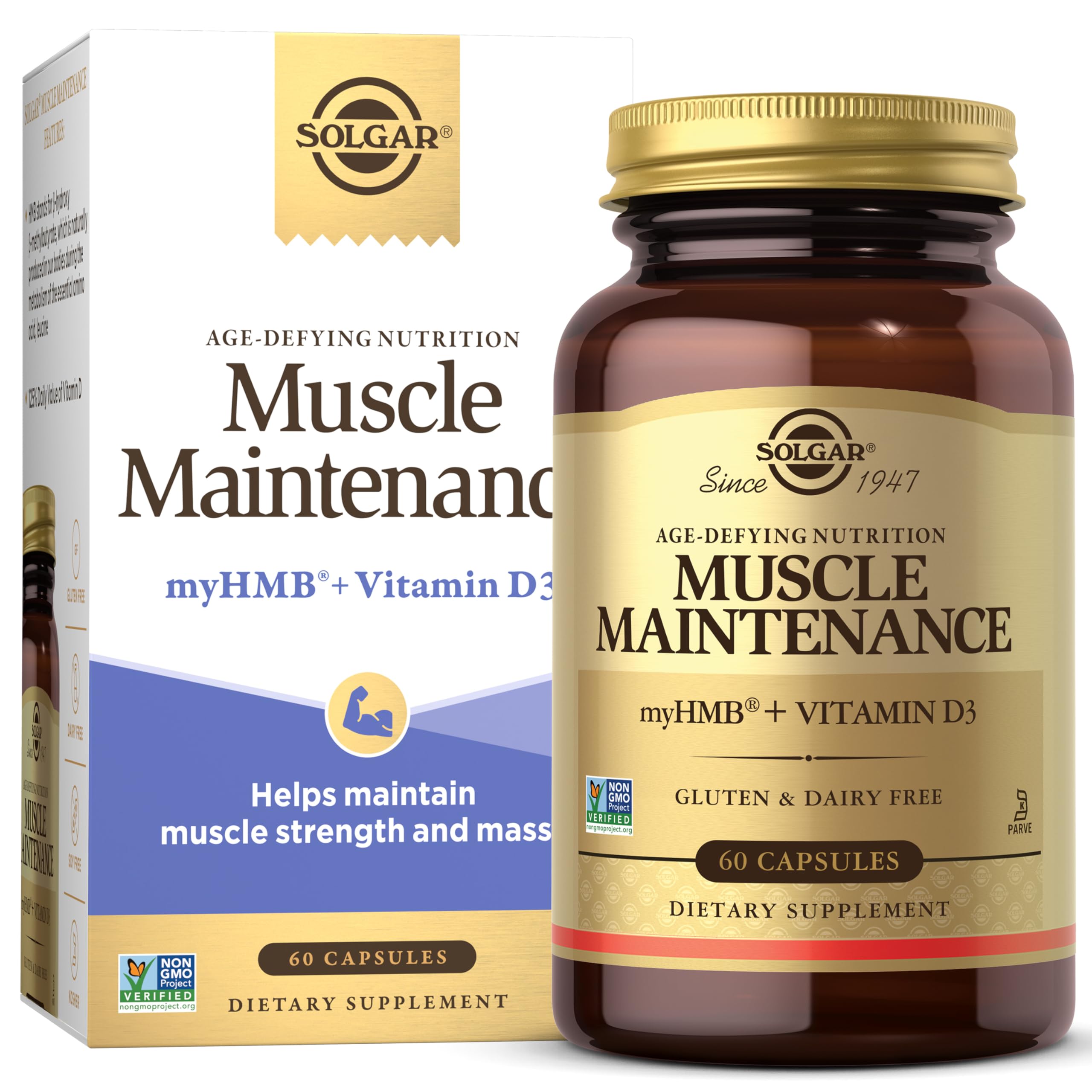 Solgar envase frontal Muscle Maintenance mostrando marca y beneficios visibles