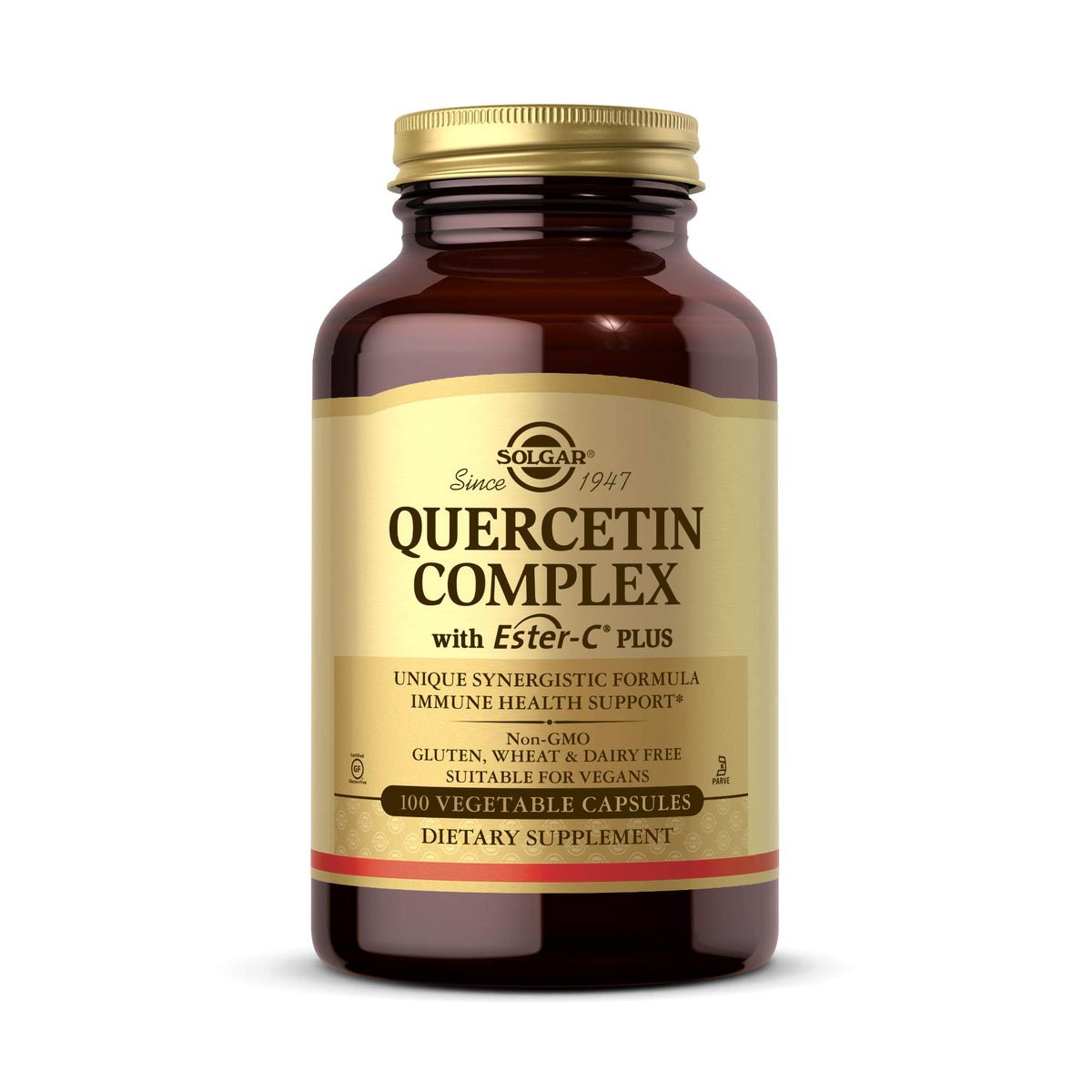 Solgar frasco frontal Quercetin Complex mostrando etiqueta y beneficios