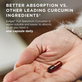 Solgar Full Spectrum Curcumin primer plano de la cápsula que muestra textura líquida y absorción