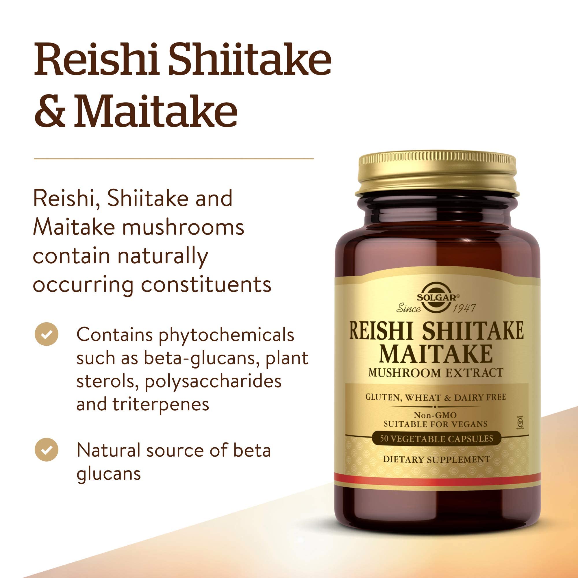 Solgar ingredientes reishi shiitake maitake en primer plano y claridad
