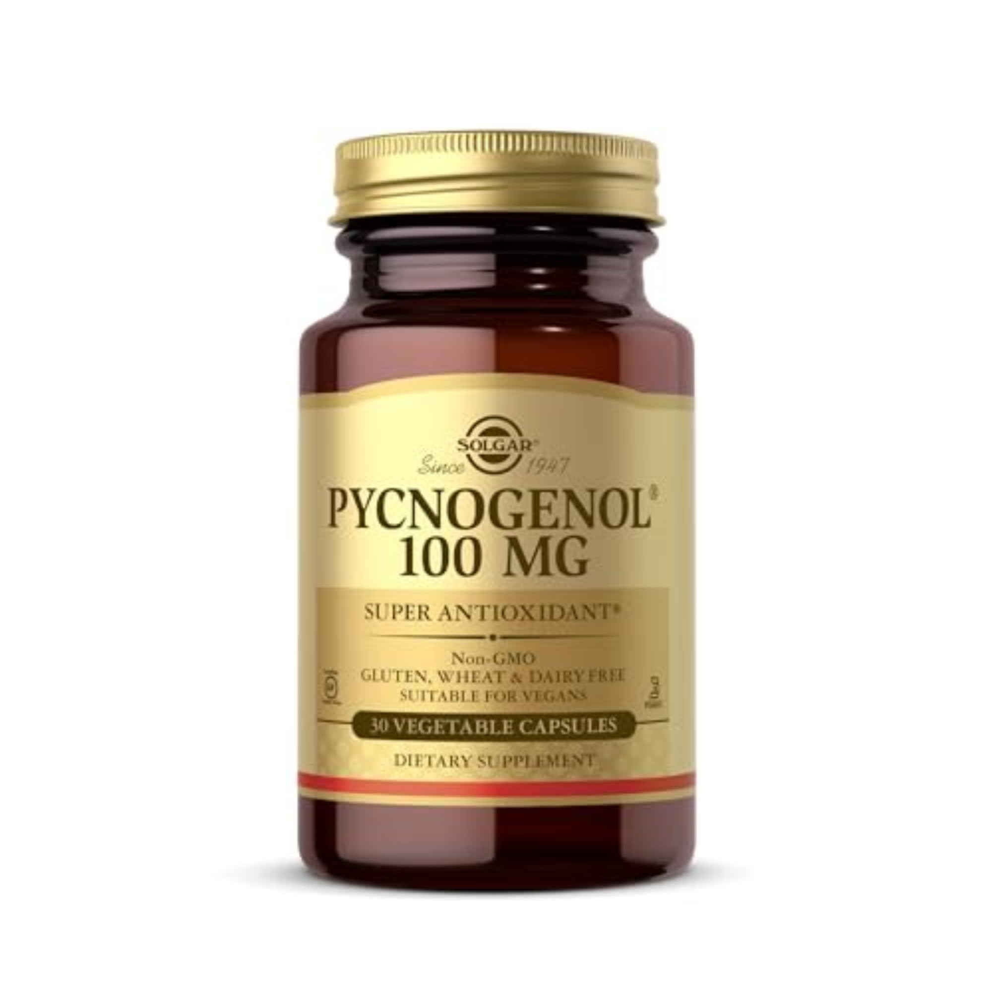 Solgar Pycnogenol envase frontal mostrando etiqueta y beneficios clave