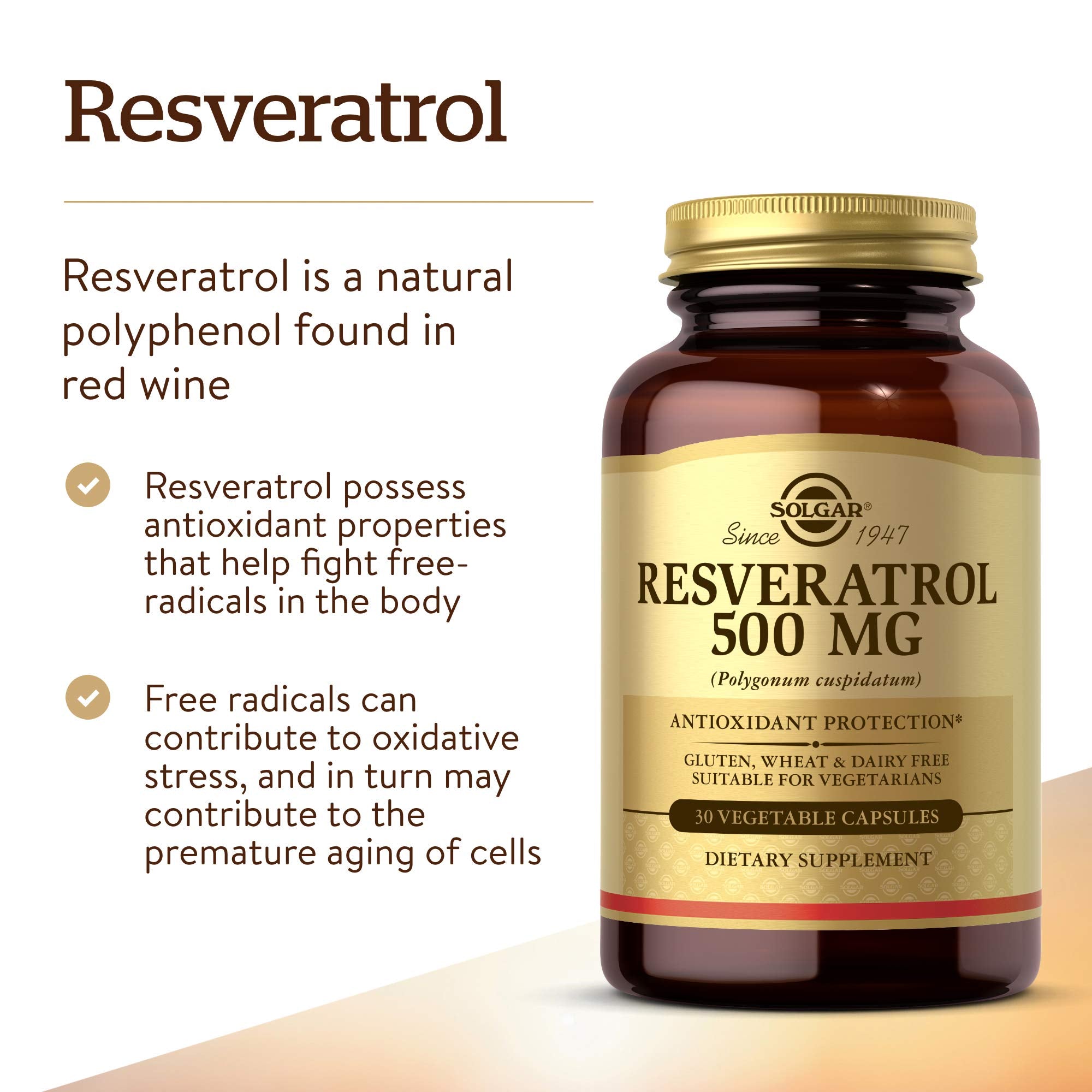 Solgar Resveratrol etiqueta con información de ingredientes y certificaciones, confianza en calidad